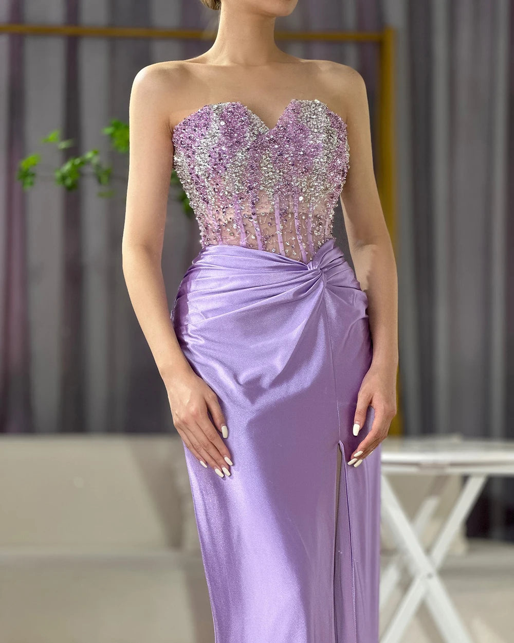 Luxury Dubai Lilac Split Mermaid Beaded Arabic Evening Dress for Women - Elegant Wedding & Party Gown 2025 | Perfect for Bridal Showers, Red Carpet Events & Formal Occasions
