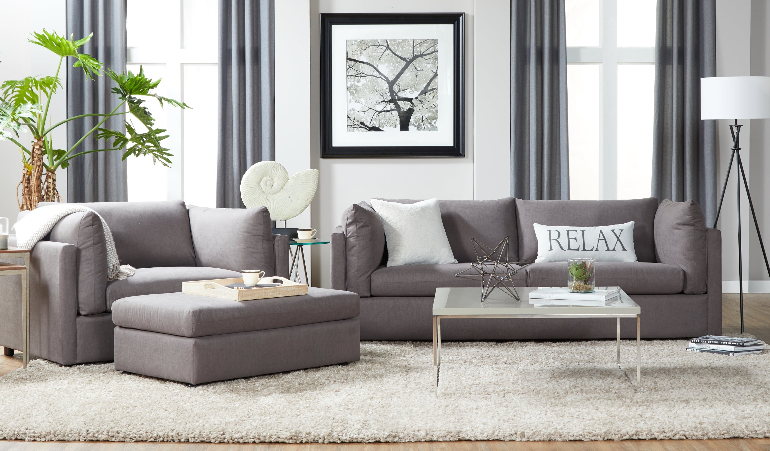 Roundhill Furniture Enda Pillow Back Fabric Sofa and Cuddler Chair Set - Carbon Gray Living Room Collection | Comfortable Sectional for Small Spaces, Family Gatherings & Cozy Movie Nights