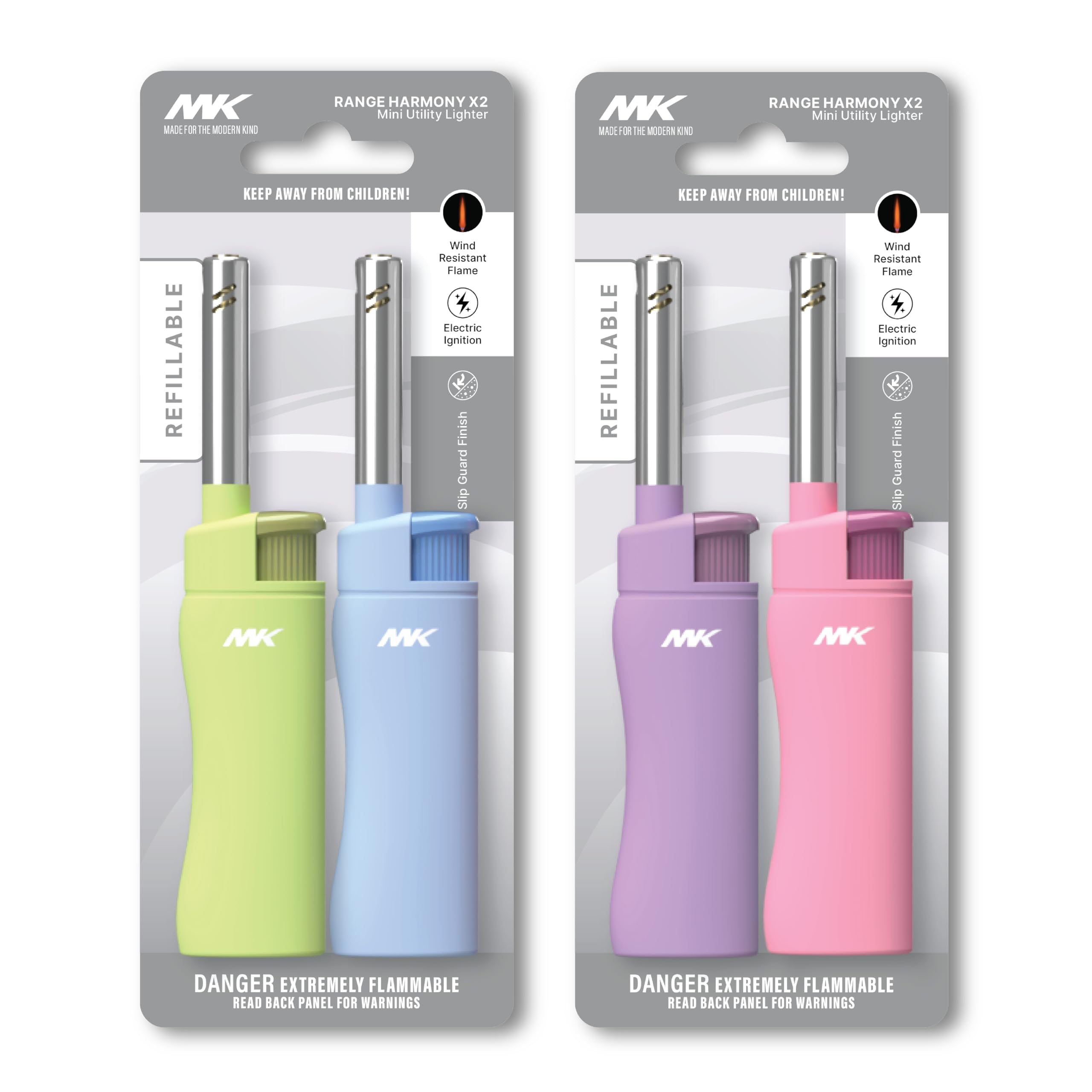 MK Windproof Butane Refillable Lighters - 4 Pack for Candles, BBQ, Camping & Outdoor Use | Long Reach Flame Lighter for Fireplaces, Grills, Bonfires & Home Decor