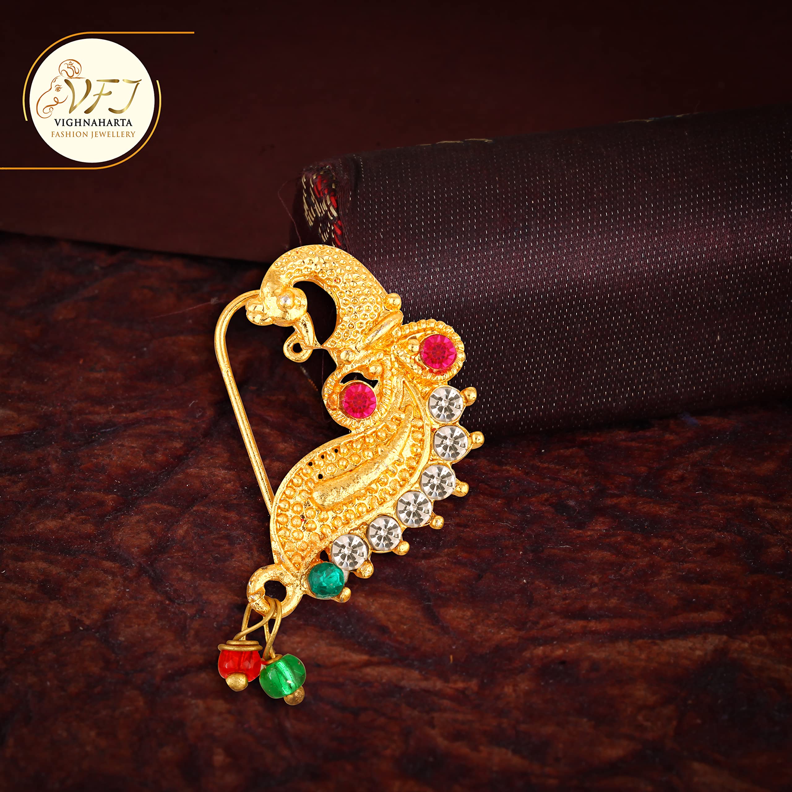 Vighnaharta Gold Plated Peacock Design Nose Ring with Artificial Stones - Traditional Maharashtrian Nath Nathiya Jewelry for Women | Valentine's Day Gift for Her, Wedding Accessory, Indian Cultural Festival Wear [VFJ1233NTH-Press]
