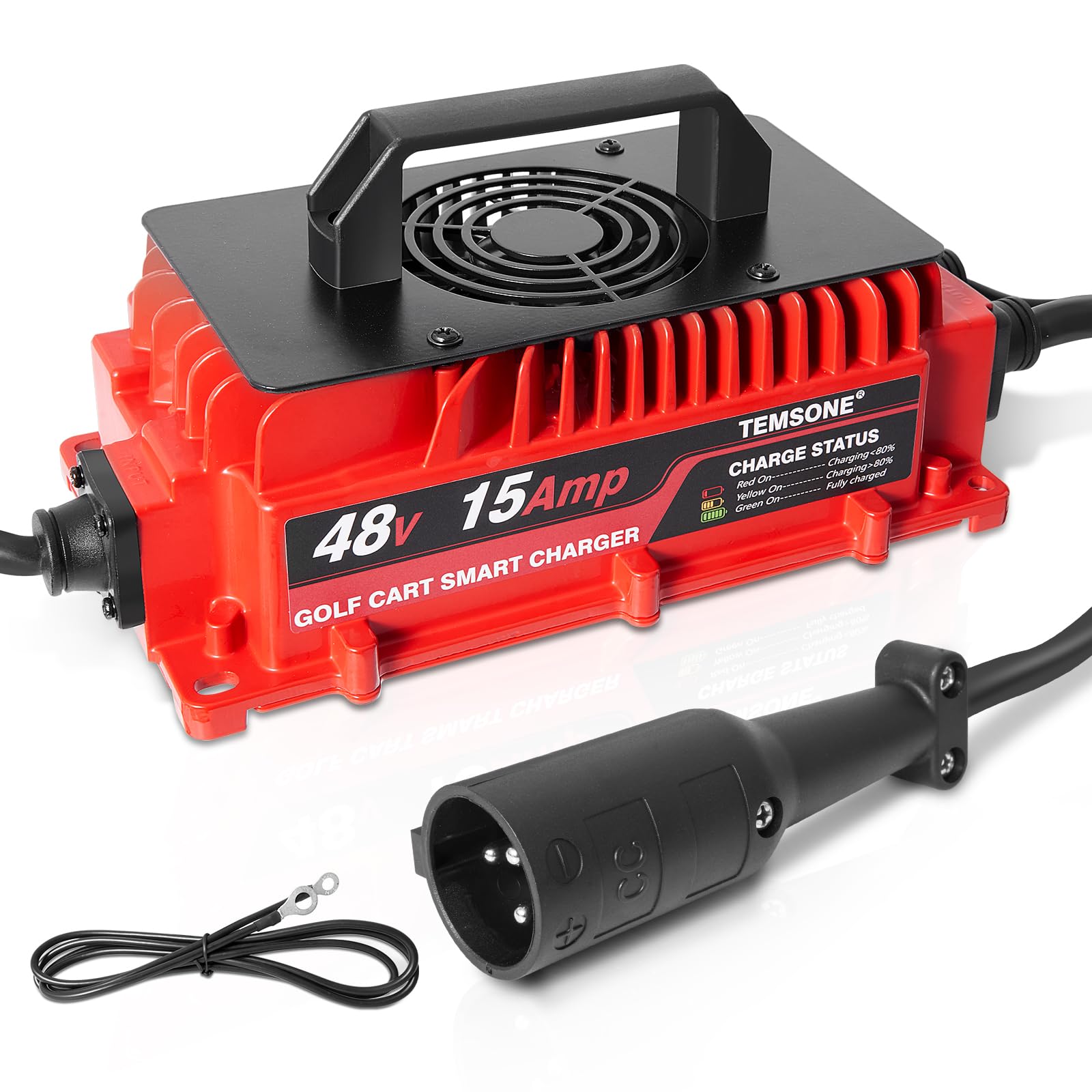 48V 15A Golf Cart Battery Charger with Round 3-Pin Plug, Temperature Sensor & OBC Bypass Wire - Compatible with Club Car DS (1995-2024) & Precedent (2015-2024) Models - Perfect for Lead Acid Batteries - Ideal for Golf Course, Resort & Home Use