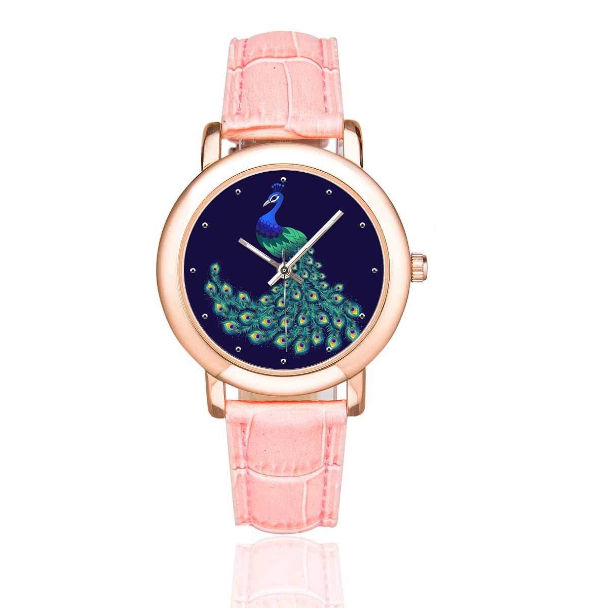 **INTERESTPRINT Women's Pink Leather Strap Watch with Colorful Peacock Design - Waterproof Wristwatch for Casual, Office & Party Wear**