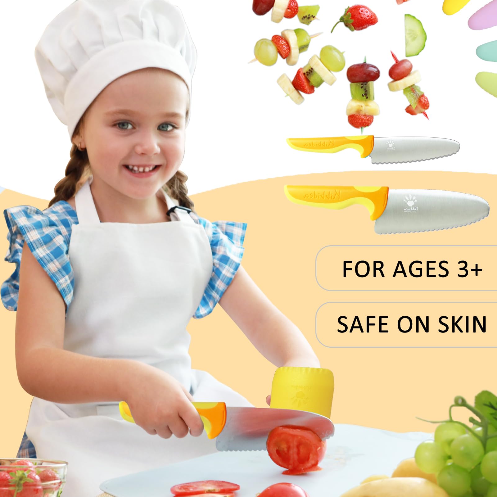 4 Pcs Kids Knife Set - BPA-Free Stainless Steel Safety Knives with Round Tips for Real Cooking (Yellow) - Perfect for Toddler Cooking Classes & Safe Meal Prep at Home