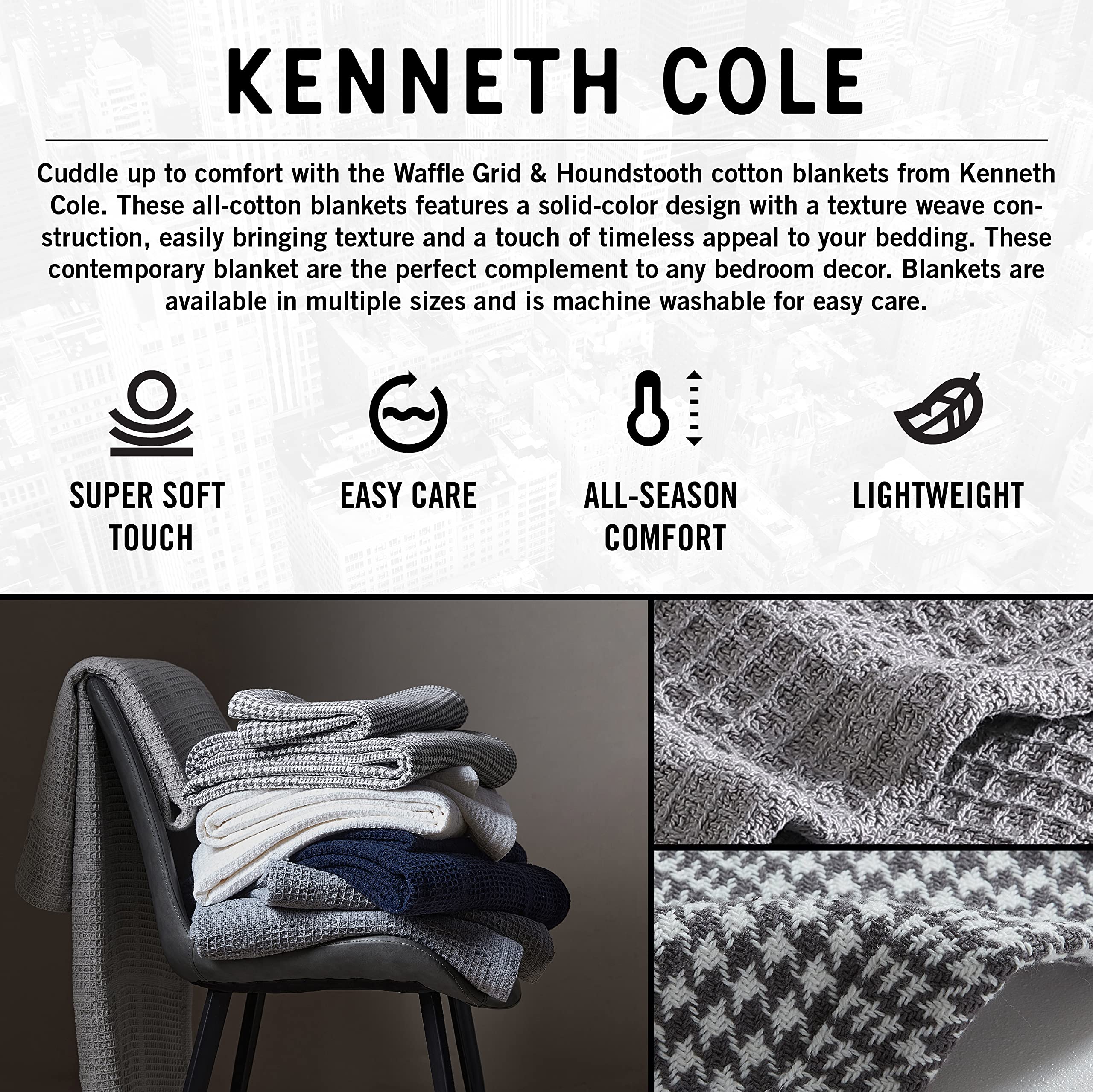 Kenneth Cole Queen Size Waffle Weave Cotton Blanket - Lightweight All-Season Bedding for Home, Travel & Dorm - Navy Blue Cozy Throw (Queen) - Perfect for Sofa, Bed & Outdoor Picnics