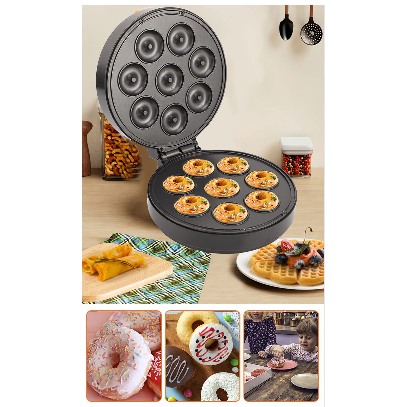 Mini Donut Maker Machine - 1400W Electric Donut Baker with Non-Stick Surface, Fast Heating & LED Light - Makes 8 Doughnuts (10x9.4x3.9in) - Perfect for Home, Cafe, Breakfast, Parties & Kids Baking Activities