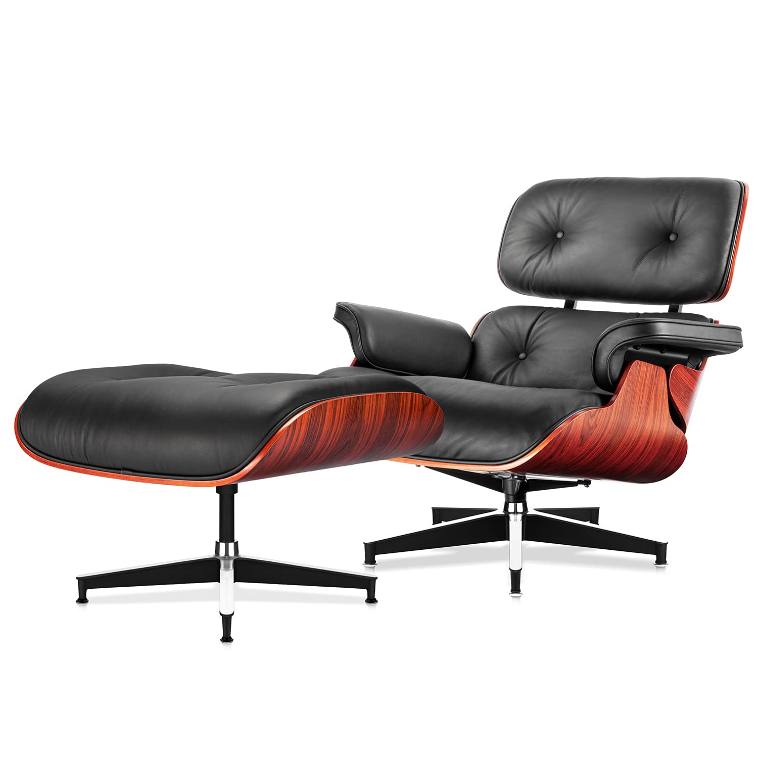 Mid Century Modern Lounge Chair with Ottoman - Classic Design Black Grain Leather & Palisander Wood - Heavy Duty Base for Office, Living Room & Study - Perfect for Relaxing, Reading & Working (Upgraded Tall Version)