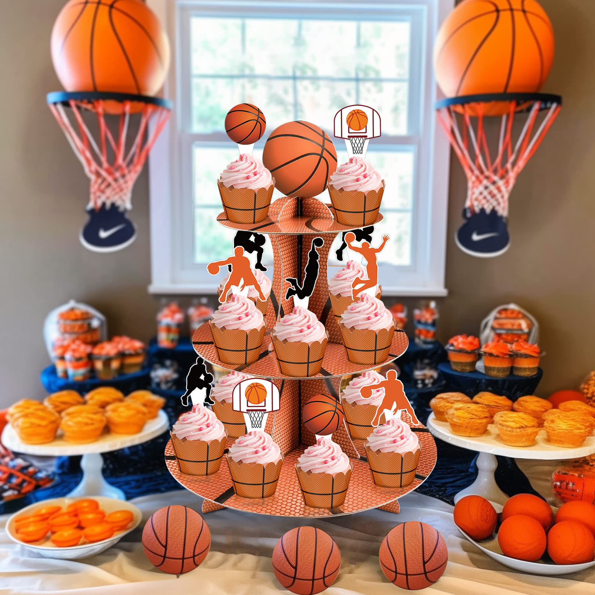 3-Tier Round Cardboard Cupcake Stand with Baseketball Theme - Holds 24 Cupcakes, Includes Toppers & Wrappers - Perfect for Sports Birthday Parties, Game Day Decorations & Basketball Themed Events