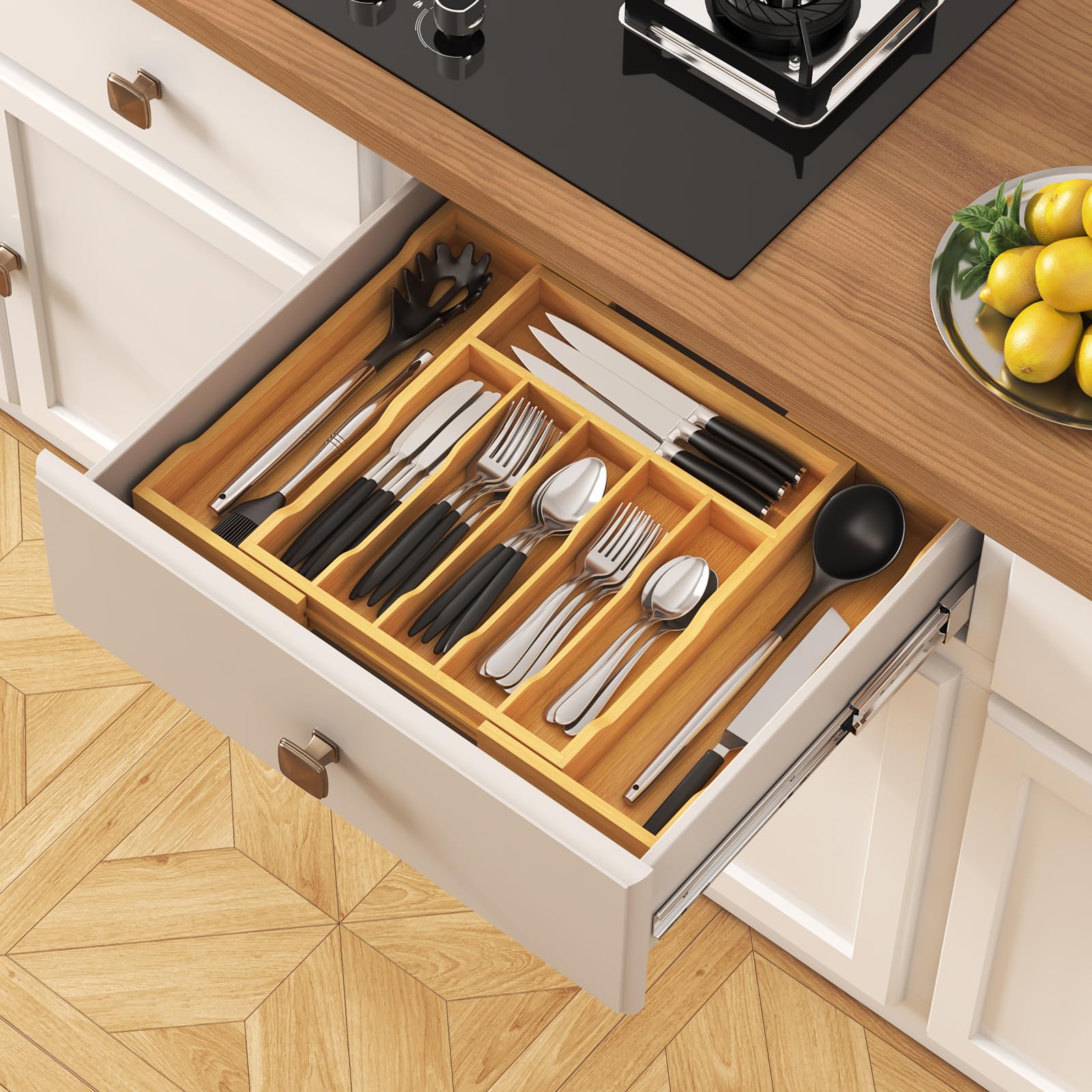 Expandable Bamboo Silverware Drawer Organizer - Adjustable Utensil Tray for Spoons, Forks & Knives - Natural Wood Kitchen Storage for Flatware & Cutlery | Perfect for Kitchen Organization, Dining Room Storage & Utensil Management