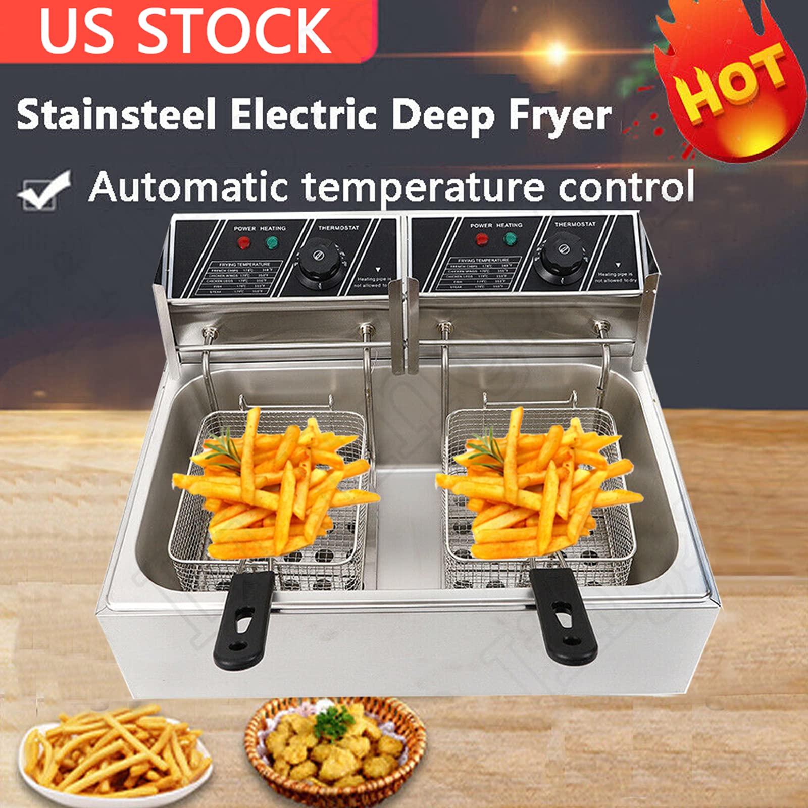 12L Electric Deep Fryer with Basket & Lid - Dual Detachable Tank, U-Shaped Stainless Steel Heating Tubes - Perfect for French Fries, Onion Rings, Fried Chicken - Ideal for Home Kitchen, Restaurants & Outdoor Cooking