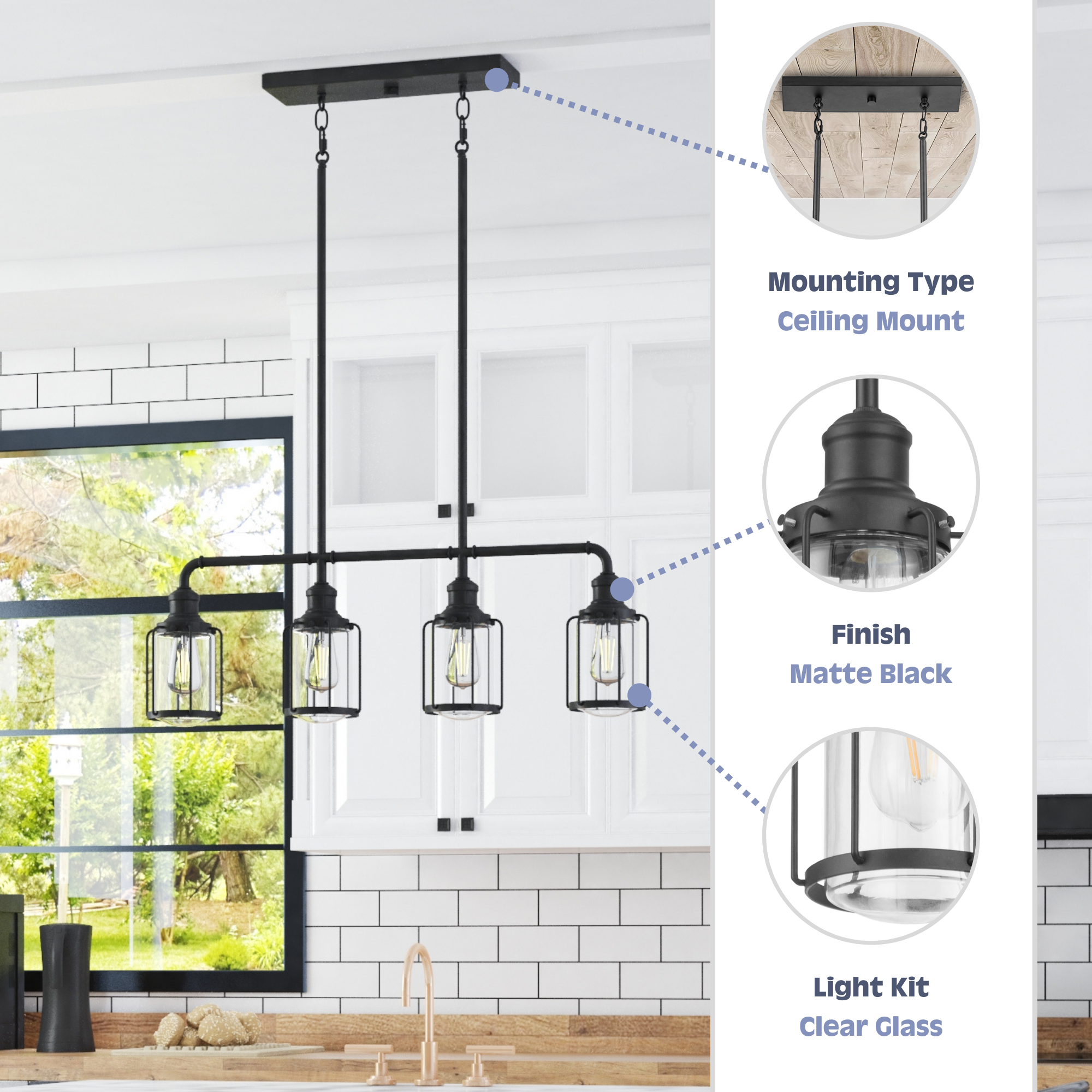 Lincoln Woods Linear Pendant Light - 4-Light Matte Black Modern Farmhouse Lighting for Kitchen Island, Dining Room, or Entryway