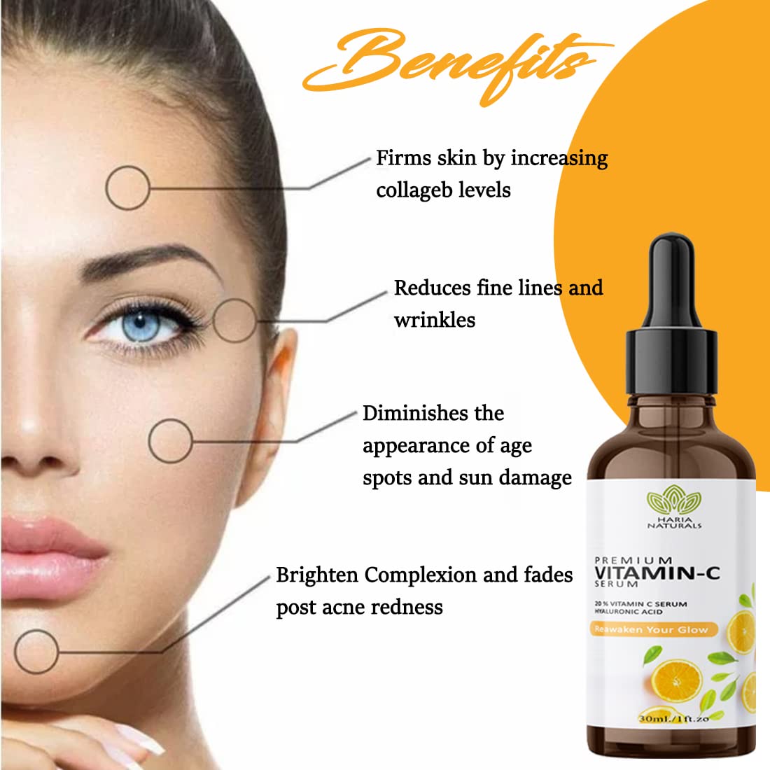 Haria Naturals Professional Vitamin C Face Serum - Brightens Skin, Reduces Wrinkles & Fine Lines, 30ml | Anti-Aging, Dark Spot Treatment for Glowing Skin | Day & Night Skincare Routine