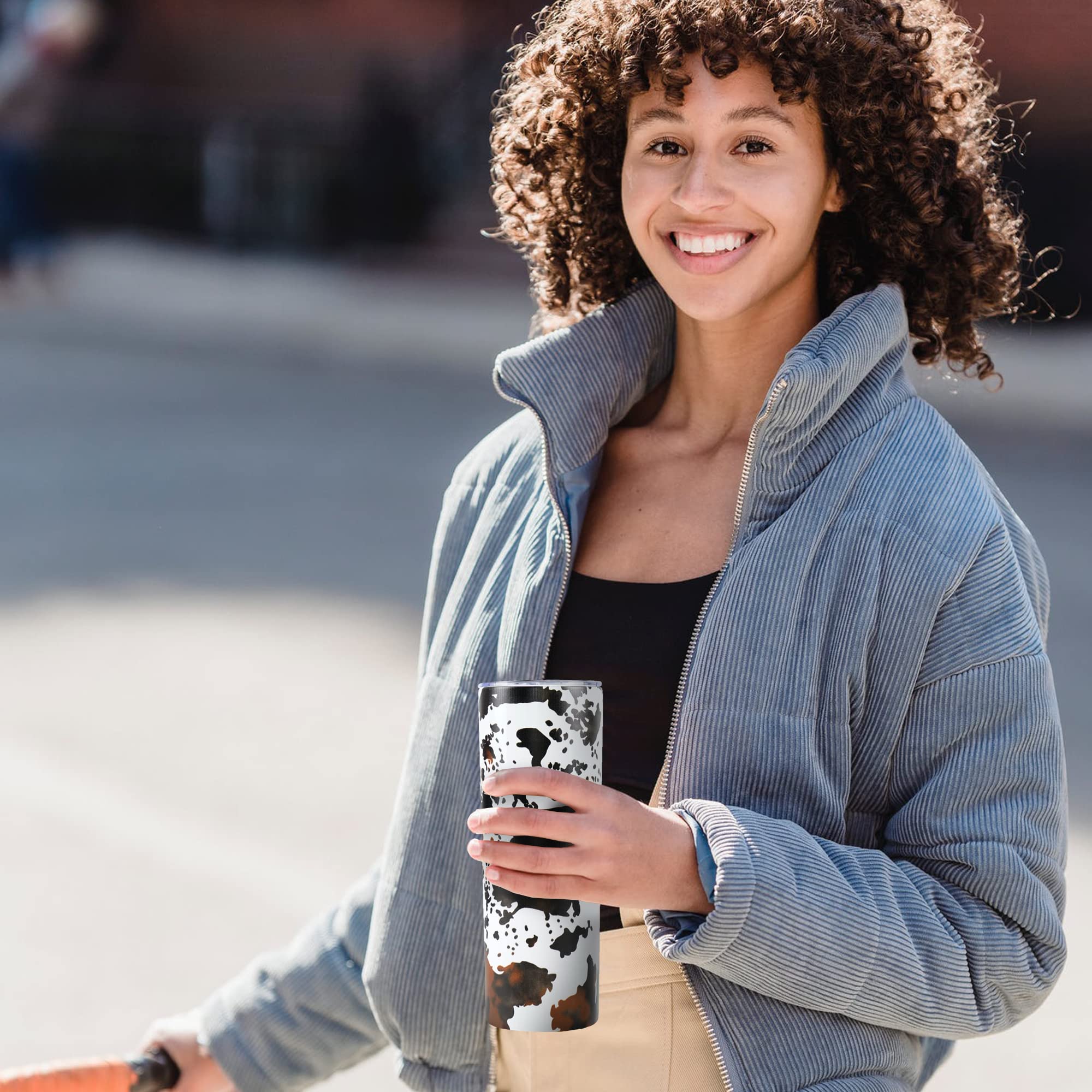 **20oz Cow Print Skinny Tumbler with Lid & Straw - Insulated Stainless Steel Travel Mug - Double Wall Coffee Cup - Perfect for Office, Gym, Travel - Great Birthday Gift for Women, Mom, Sister & Friends**