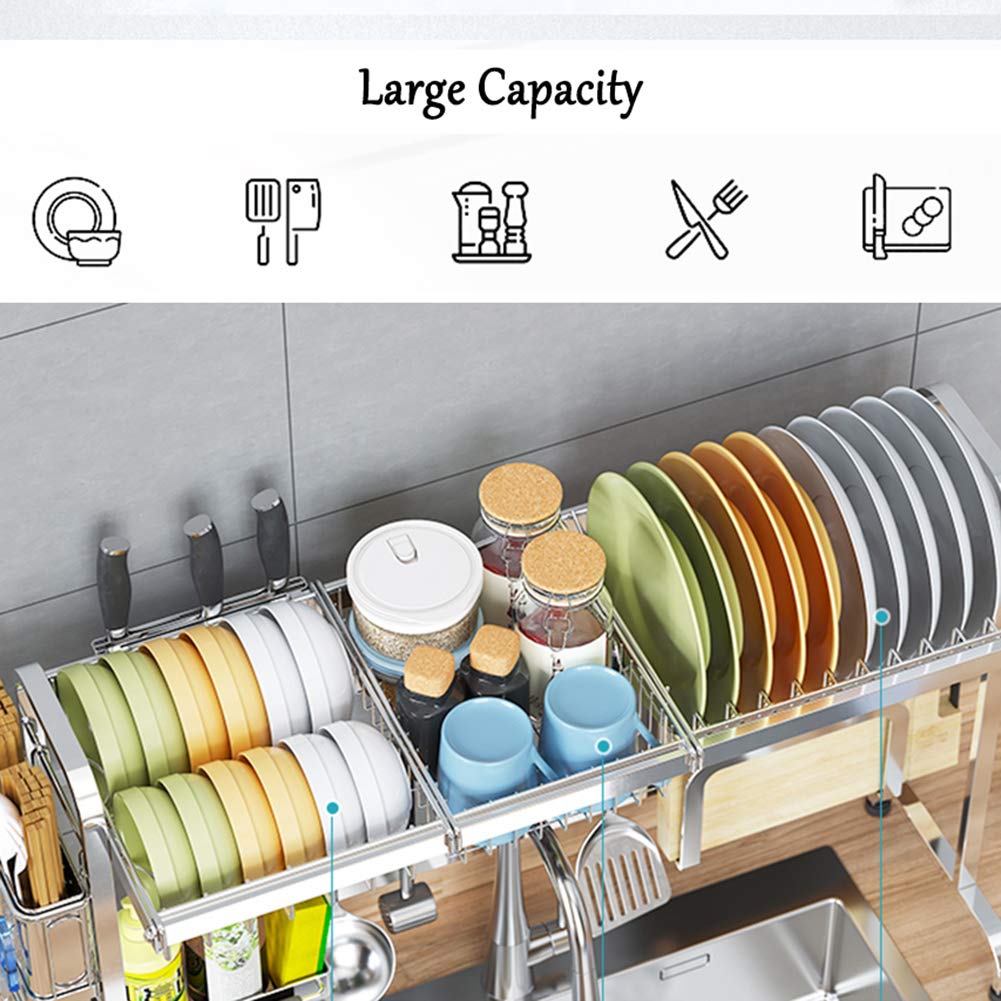 LoveHouse Over The Sink Dish Drying Rack - 36 Inch Stainless Steel Multi-Functional Dish Drainer with Utensil Holder | Sturdy Kitchen Storage Shelf for Countertop | Perfect for Small Spaces & Organized Kitchen Cleaning