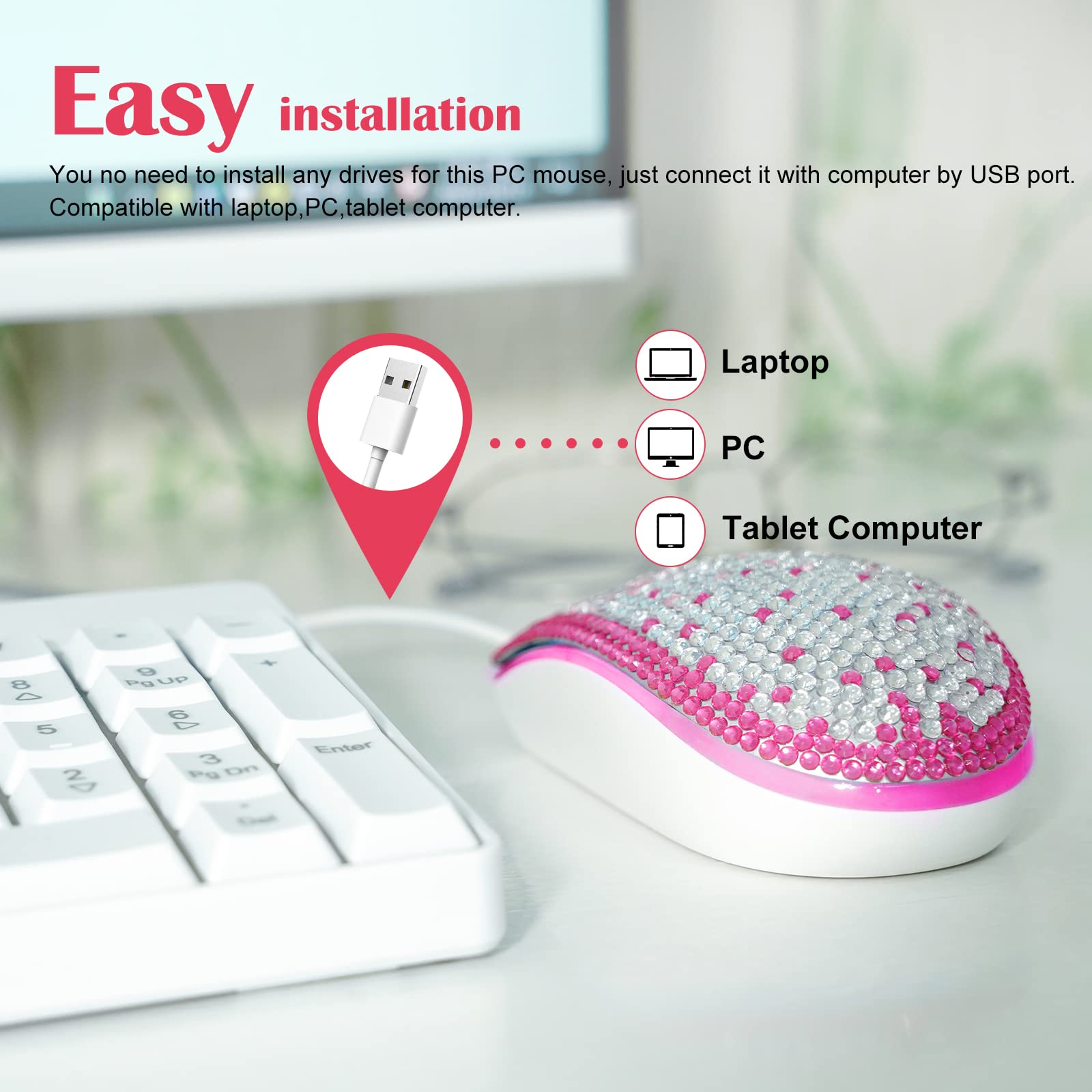 KEYPOWER Bling Rhinestones USB Wired Mouse with 7 Colors Backlit, Personalized Gift for Computer Laptop, Perfect for Gaming, Office, and Home Use