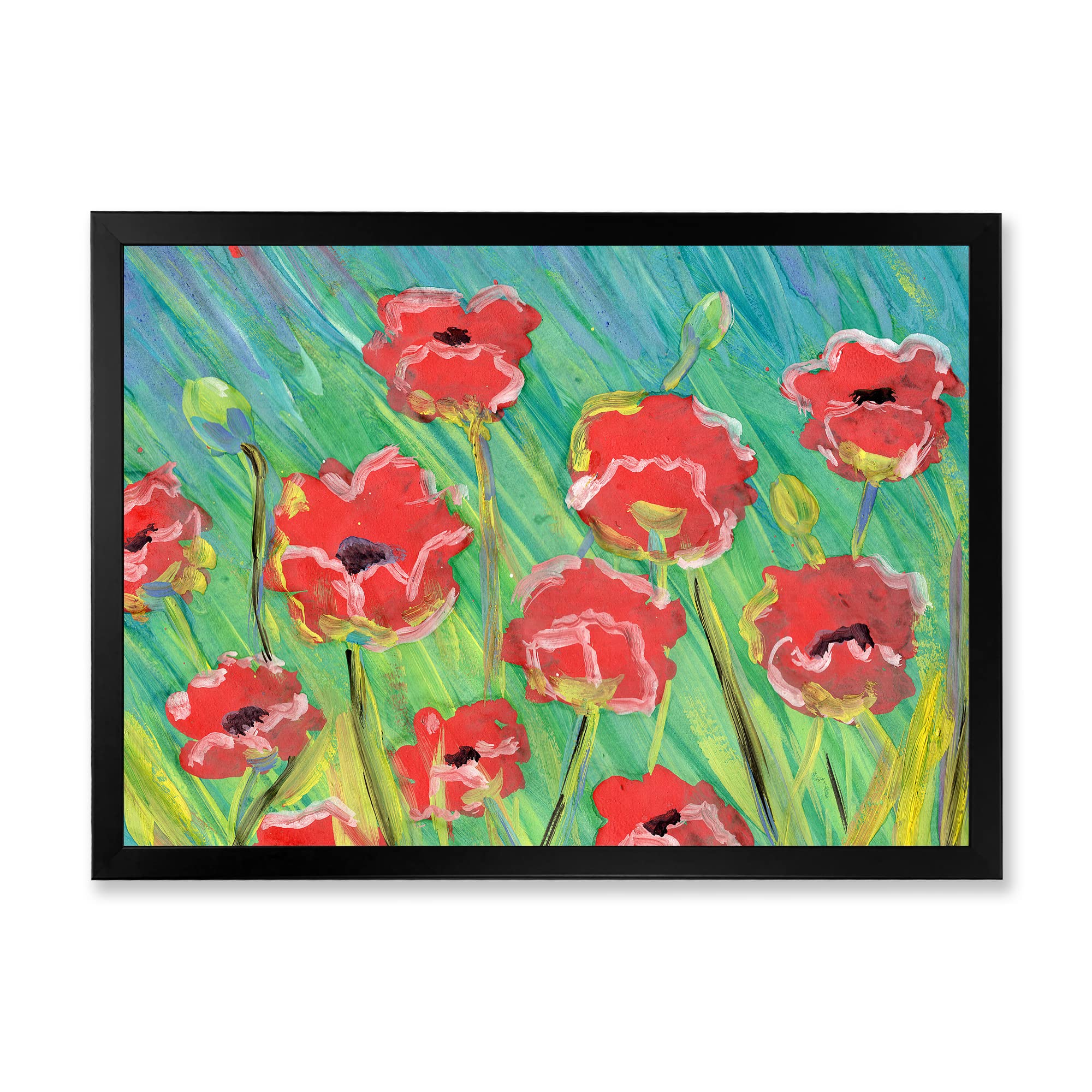 DesignQ Gouache Of Blooming Poppies Traditional Framed Wall Art - Hand-Painted Floral Canvas Painting for Living Room, Bedroom & Office Decor