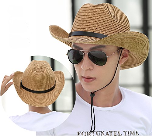 iHomey Packable Cowboy Sun Hat for Men & Women - Breathable Straw Summer Hat with Wide Brim, UV Protection & Adjustable Chin Strap - Perfect for Beach, Outdoor, Travel & Gardening
