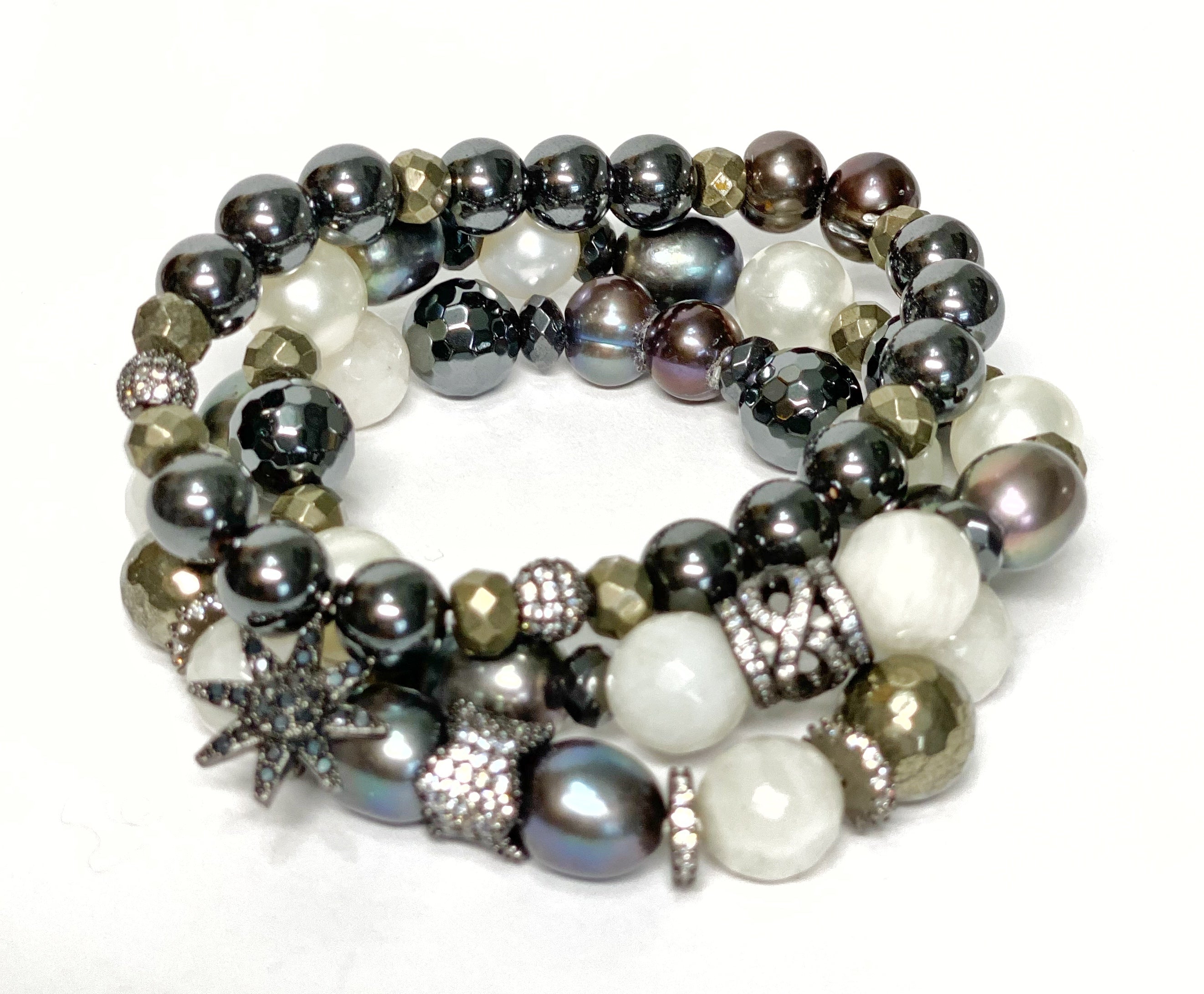 Ivory Peacock Pearl Stretch Layering Bracelets for Women - Elegant Stackable Beaded Bracelet Set - Perfect for Parties, Weddings & Everyday Wear