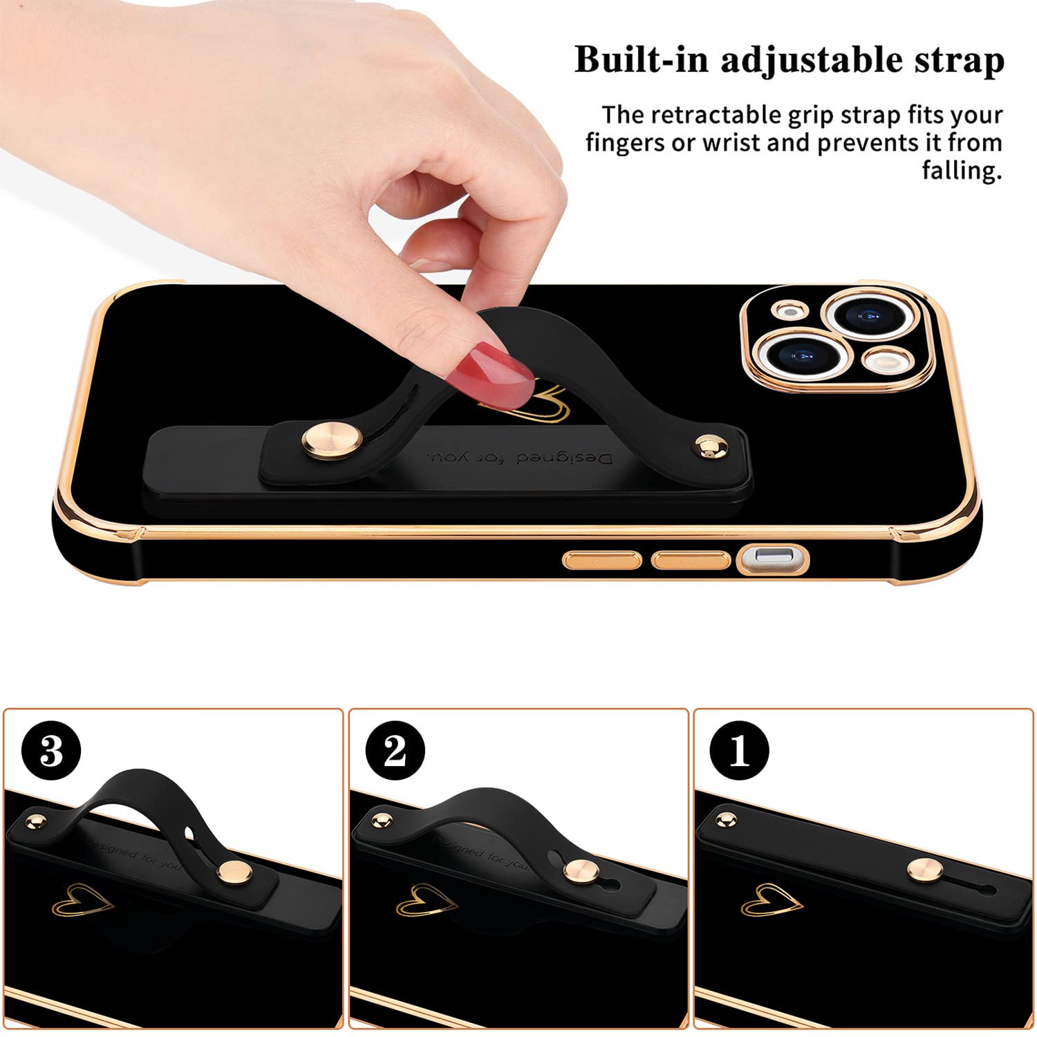 Luxury Bling iPhone 13 Case for Women - Cute Heart Design with Adjustable Hand Strap & Shockproof Protection | Perfect for Daily Use, Work, and Travel - Black