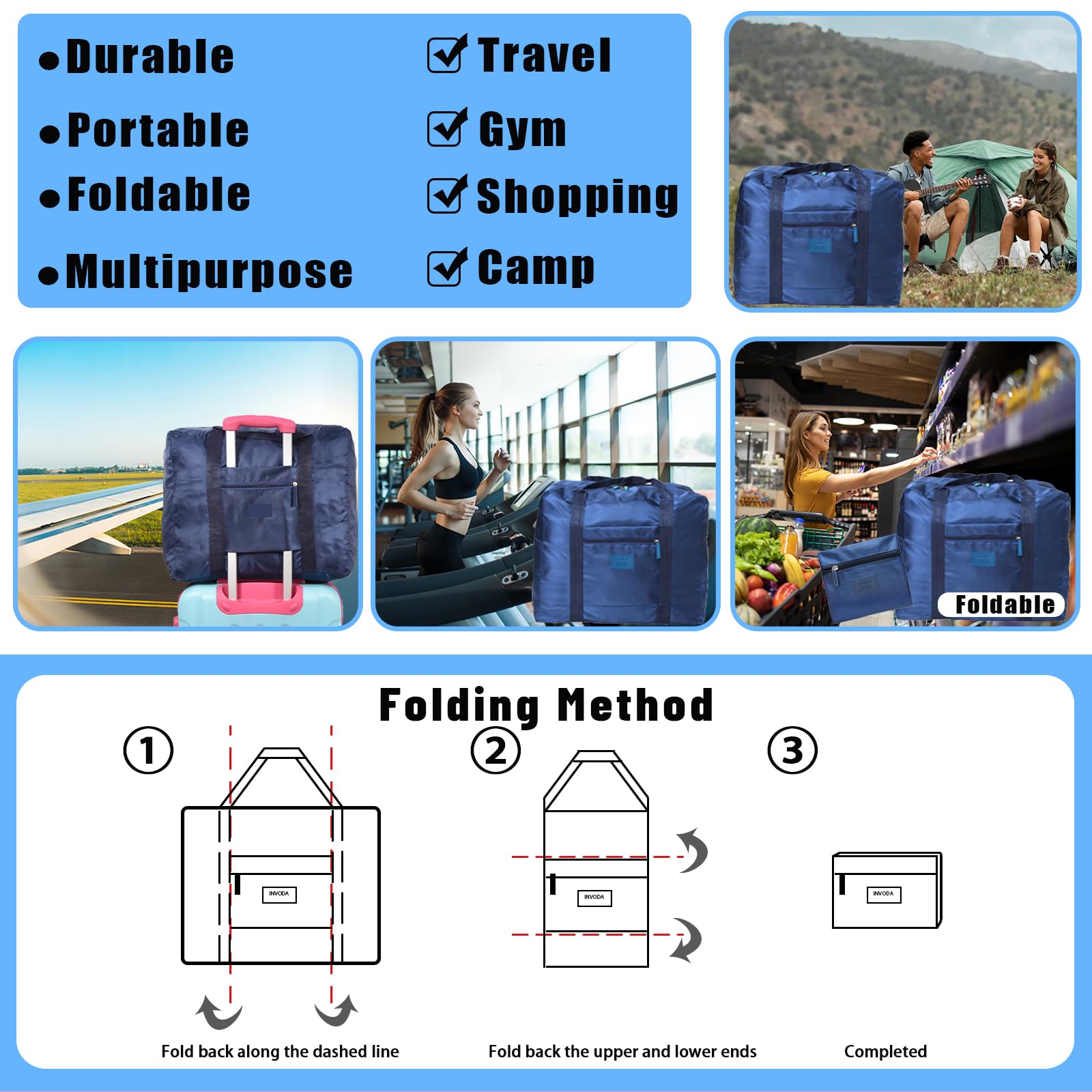 INVODA Lightweight Foldable Waterproof Travel Duffel Bag - Gym Sports Tote Carry On Luggage for Weekend Trips & Overnight Stay (Green+Blue) | Perfect for Air Travel, Workout, Beach & Camping