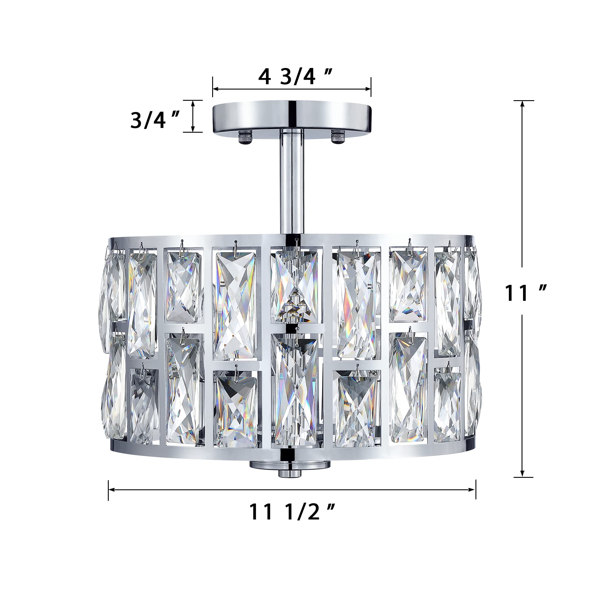 Modern Farmhouse Crystal Round Semi-Flush Mount Ceiling Light Fixture - 3LT Drum Shade Lighting for Kitchen Island, Dining Room & Bedroom | Elegant Ambient Lighting for Home Decor