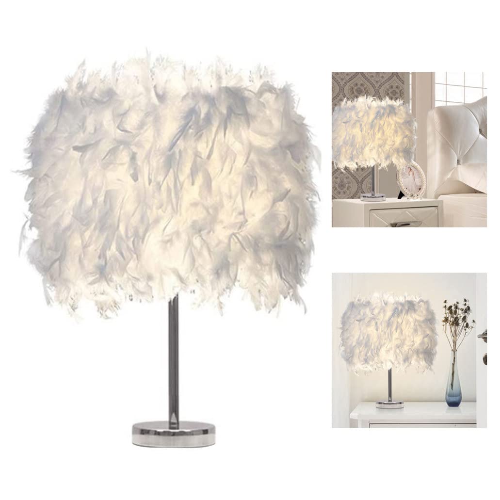 Feather Table Lamp with White Lampshade - Bedside Night Light, Plume Desk Lamp for Bedroom, Living Room & Office Decor - Soft Lighting for Reading, Relaxation & Ambient Illumination