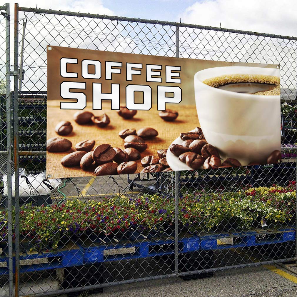 Custom Vinyl Banner for Coffee Shop & Restaurant - 60x144 Inches Weatherproof Outdoor Advertising Sign with 10 Grommets (Multiple Sizes Available) - Perfect for Storefronts, Events, and Yard Sales