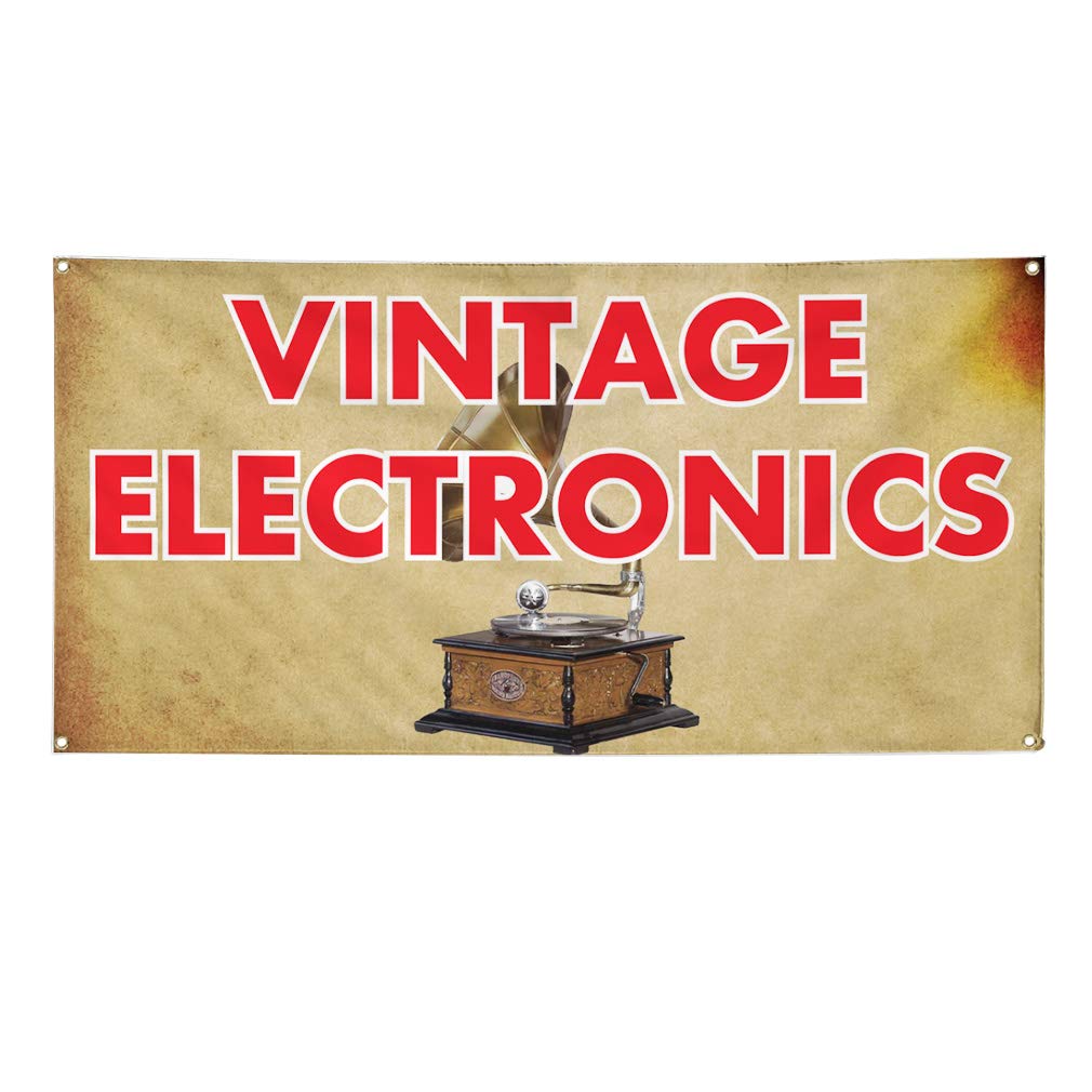 Vintage Electronics Vinyl Banner - Weatherproof Outdoor Advertising Sign with 8 Grommets (48x96 Inches) - Perfect for Yard Sales, Industrial Events & Vintage-Themed Promotions