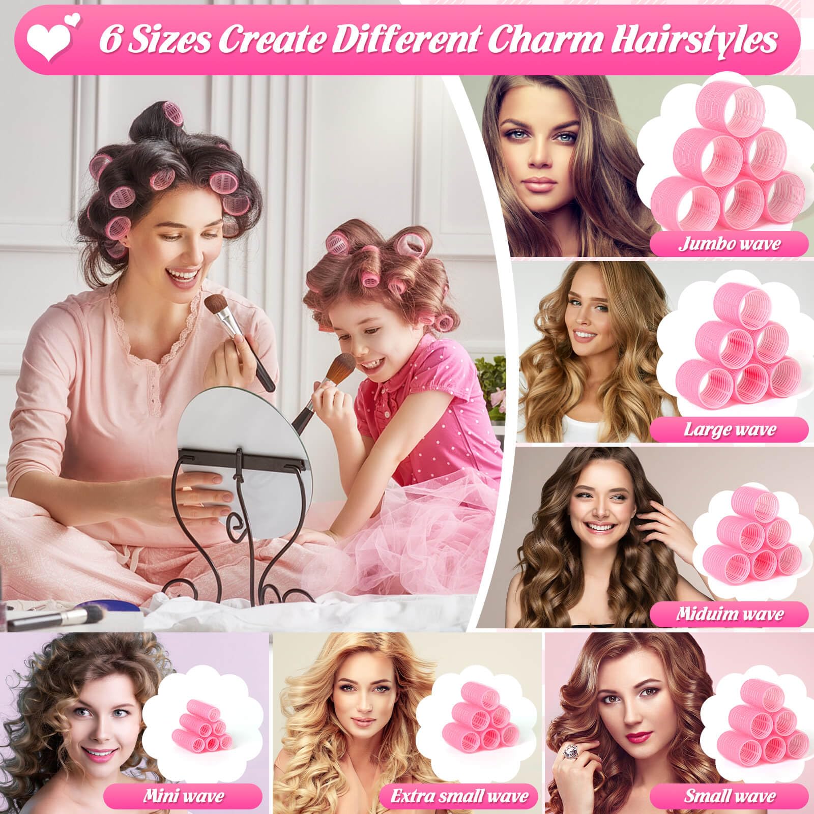 6 Sizes Hair Rollers for Women - 62 Pcs Self Grip Hair Curlers Set for Long, Medium & Short Hair with 36 Rollers, 24 Stainless Steel Clips & Storage Bag - Perfect for Salon Styling, Home Use & Travel