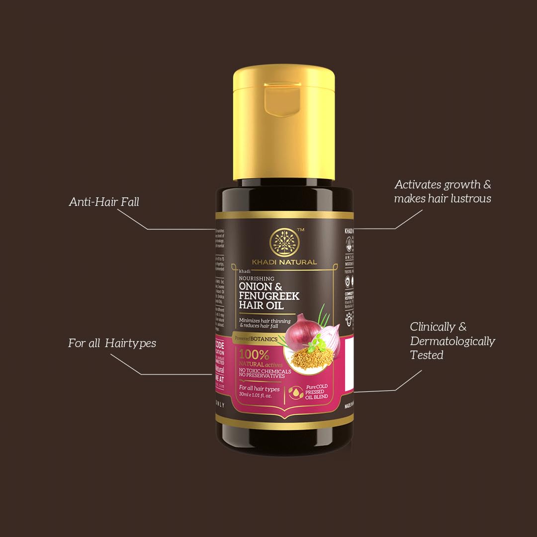 Khadi Natural Onion & Fenugreek Hair Oil for Hair Growth - 30ml | Strengthens Hair Follicles, Reduces Frizz | Paraben-Free Ayurvedic Treatment for Thicker, Healthier Hair | Perfect for Daily Hair Care & Scalp Massage
