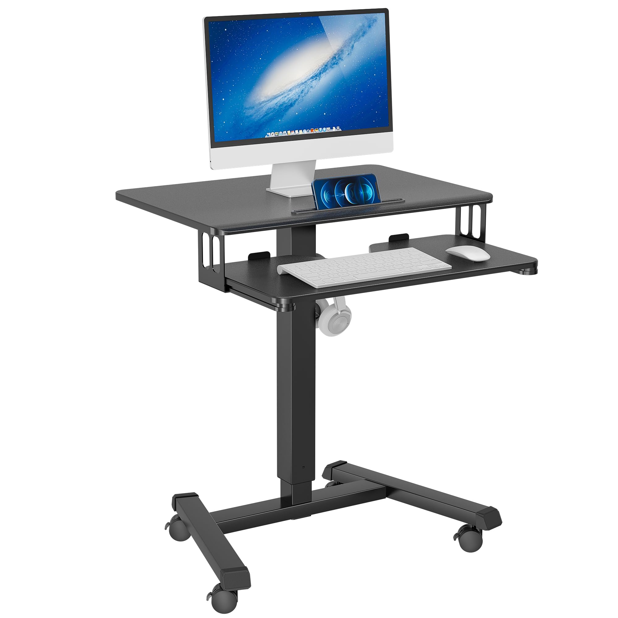 Adjustable Height Mobile Desk with 4 Wheels - 65x45cm Portable Standing Workstation with Keyboard Tray, Perfect for Home Office, Living Room & Bedroom - Ideal for Remote Work, Gaming & Study