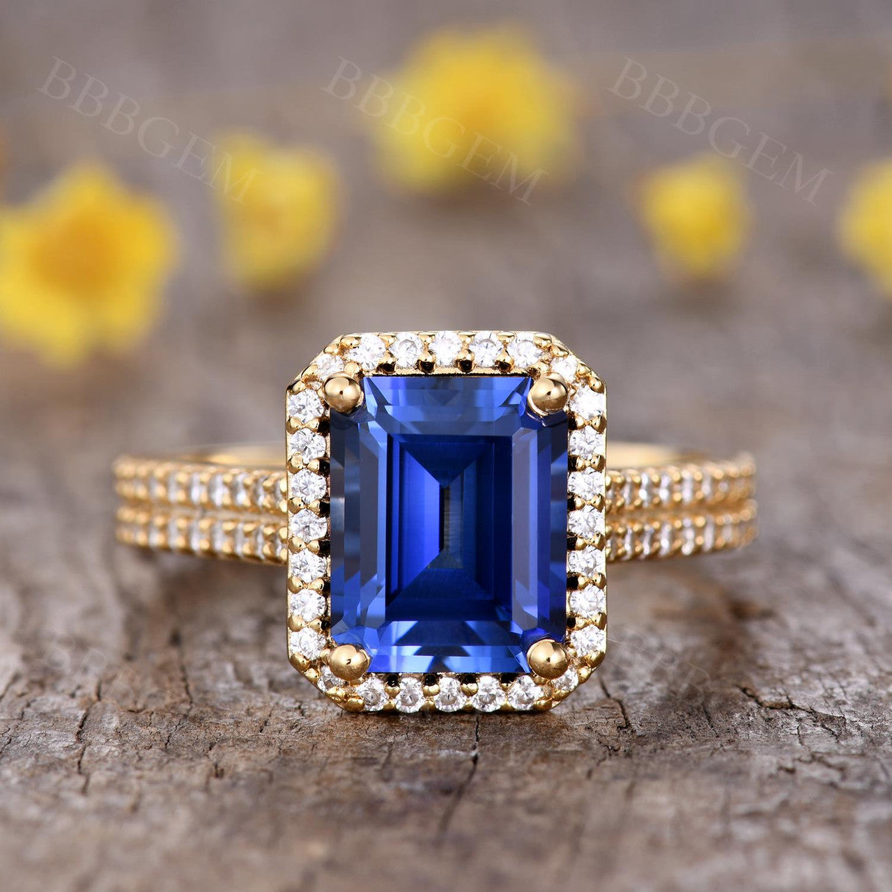 Vintage 8X10mm Emerald Cut Sapphire Ring with Diamond Halo - 14K Yellow Gold Wedding Band (4 Carat Total Weight) for Engagement, Anniversary & Special Occasions