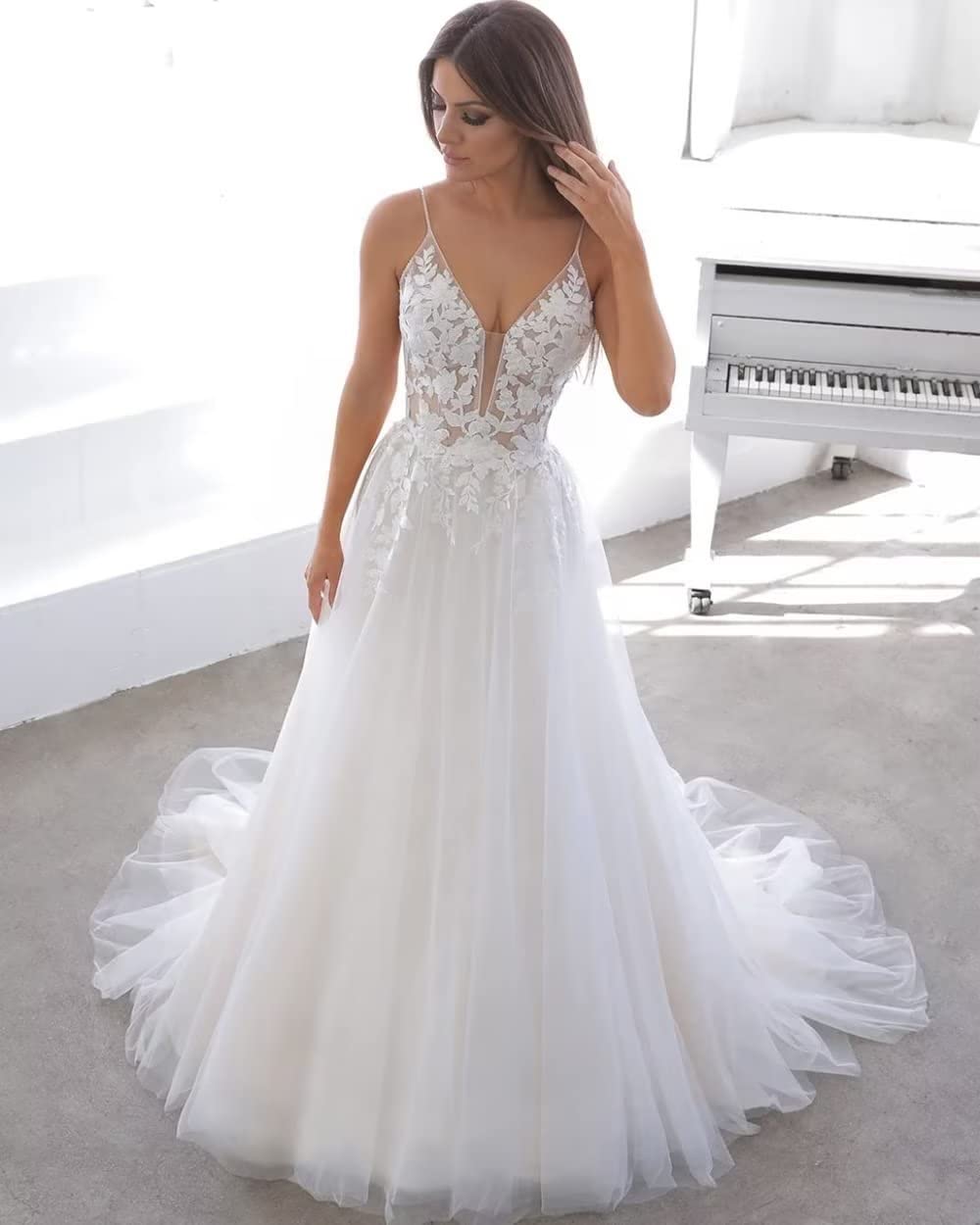 Boho Lace Tulle Wedding Dress for Women - Spaghetti Strap V-Neck A-Line Applique Bridal Gown | Perfect for Beach, Garden & Outdoor Ceremonies
