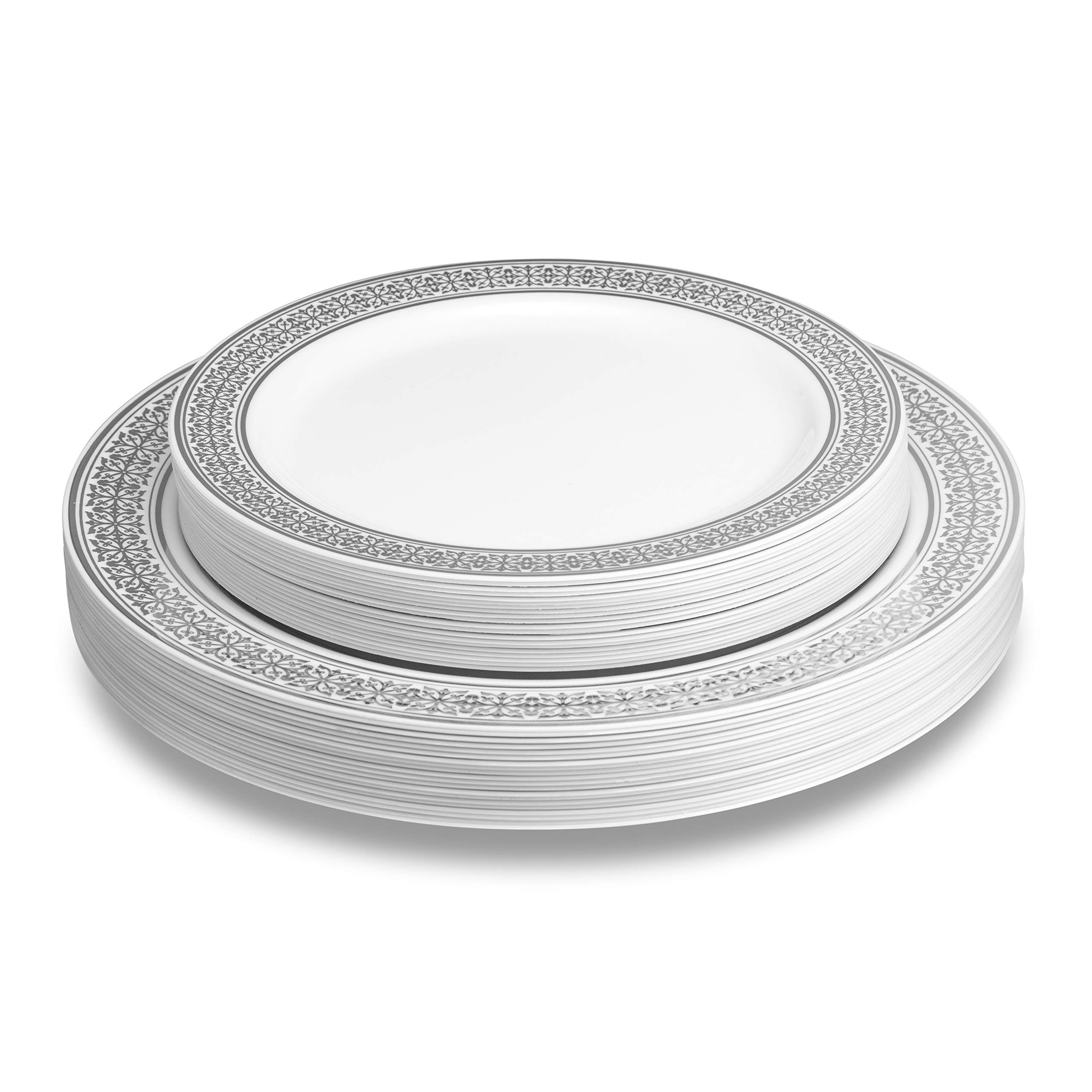 Laura Stein Opulence Series 40-Piece Premium Plastic Dinnerware Set - 20 White & Silver Rim 10.75