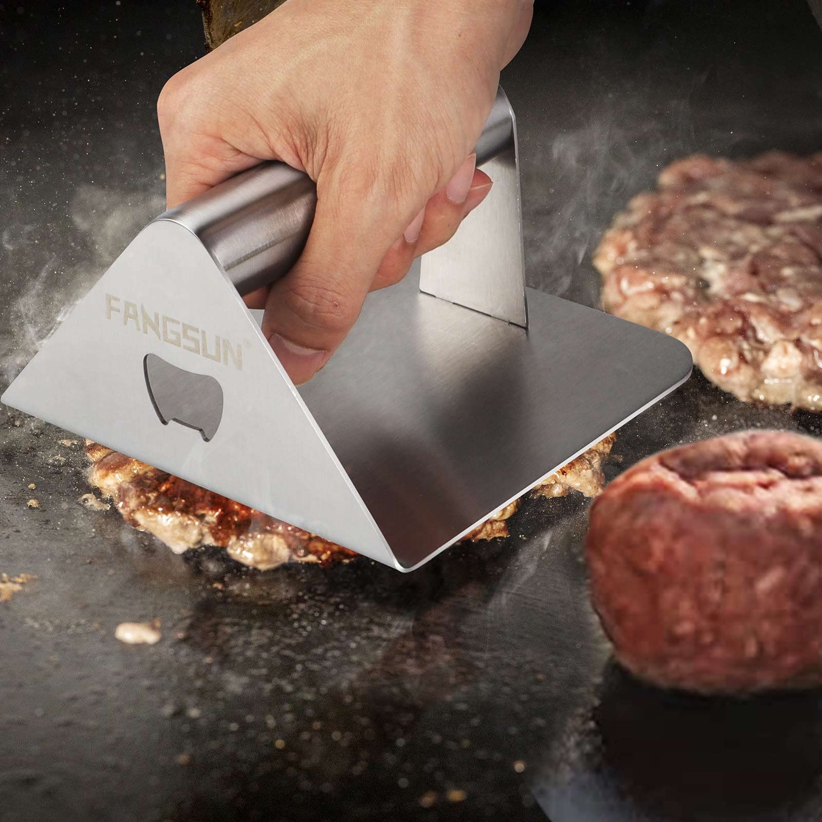 FANGSUN 5.5 Inch Stainless Steel Burger Press & Smasher - Heavy Duty Griddle Press for Flat Top Grill, Smashed Burger Maker with Bottle Opener - Perfect for BBQ, Backyard Grilling & Restaurant Cooking