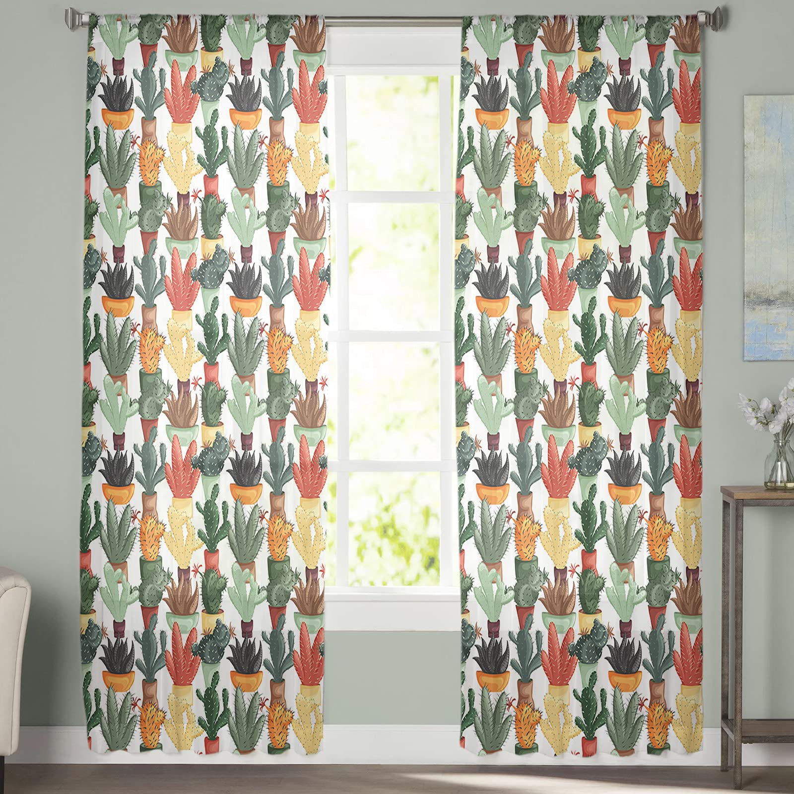 84 Inch Sheer Curtains - 2 Panels Multicolor Cactus Semi-Sheer Voile Drapes with Rod Pocket | Boho Window Treatments for Bedroom, Living Room & Kitchen Decor | Perfect for Home Staging, Photo Backdrops & Light Filtering (W52xL84)