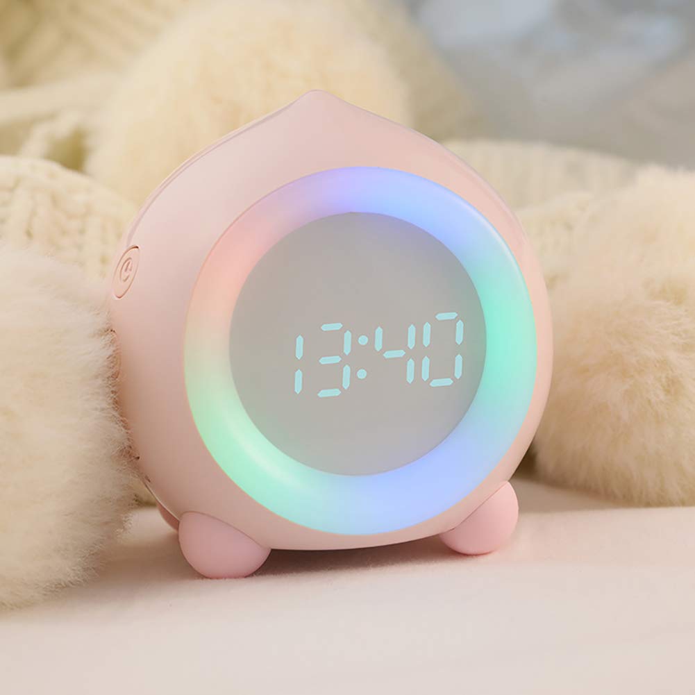 Kids Alarm Clock with Wake Up Light & Sleep Training - Digital USB Night Light with Snooze, Sunrise Simulation, Temperature & Date Display - Ideal for Boys & Girls Bedroom, Student Dorm, Nap Time (Pink)