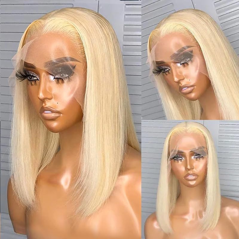 613 Blonde Bob Wigs Human Hair Straight 13x4 Lace Front 180% Density HD Transparent Lace Frontal Bob Wig Brazilian Remy Hair 14inch for Women - Pre Plucked With Baby Hair, Heat Resistant & Take Color Well - Perfect for Cosplay, Daily Wear & Special Occasions