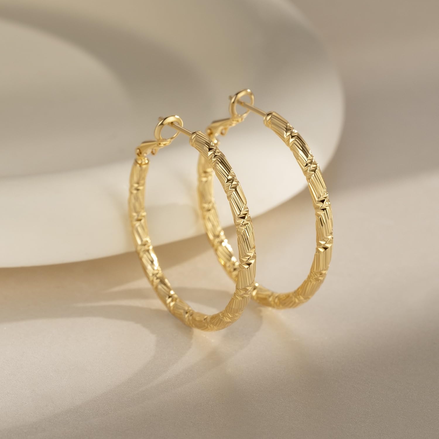14K Gold Hoop Earrings for Women - 30mm Thick Solid Gold Hoops with Line Cutting Design - Elegant & Durable Everyday Jewelry for Work, Parties & Gifting