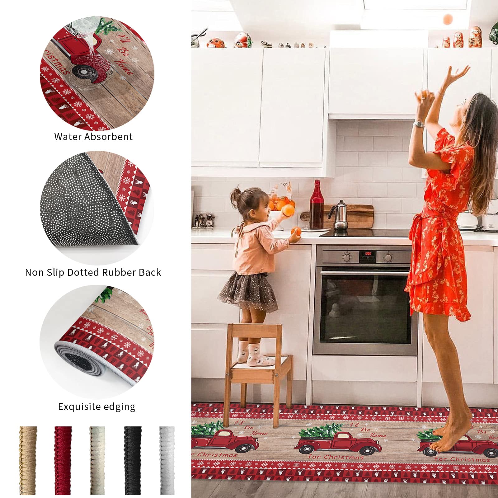 Premium Anti-Fatigue Kitchen Floor Mats Set of 2 - Non-Slip Waterproof Cushioned Standing Mats for Comfort - Red Christmas Design (15.7