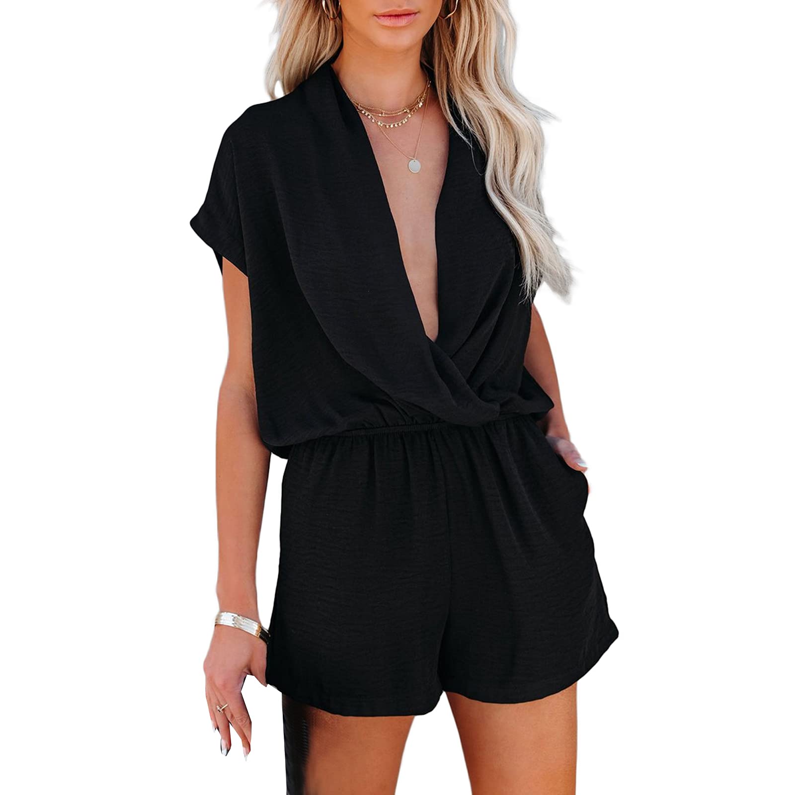 GuliriFei Women's Short Sleeve Jumpsuit - Summer Casual Solid Color One Piece Romper & Bodysuit | Perfect for Beach, Vacation, and Everyday Wear
