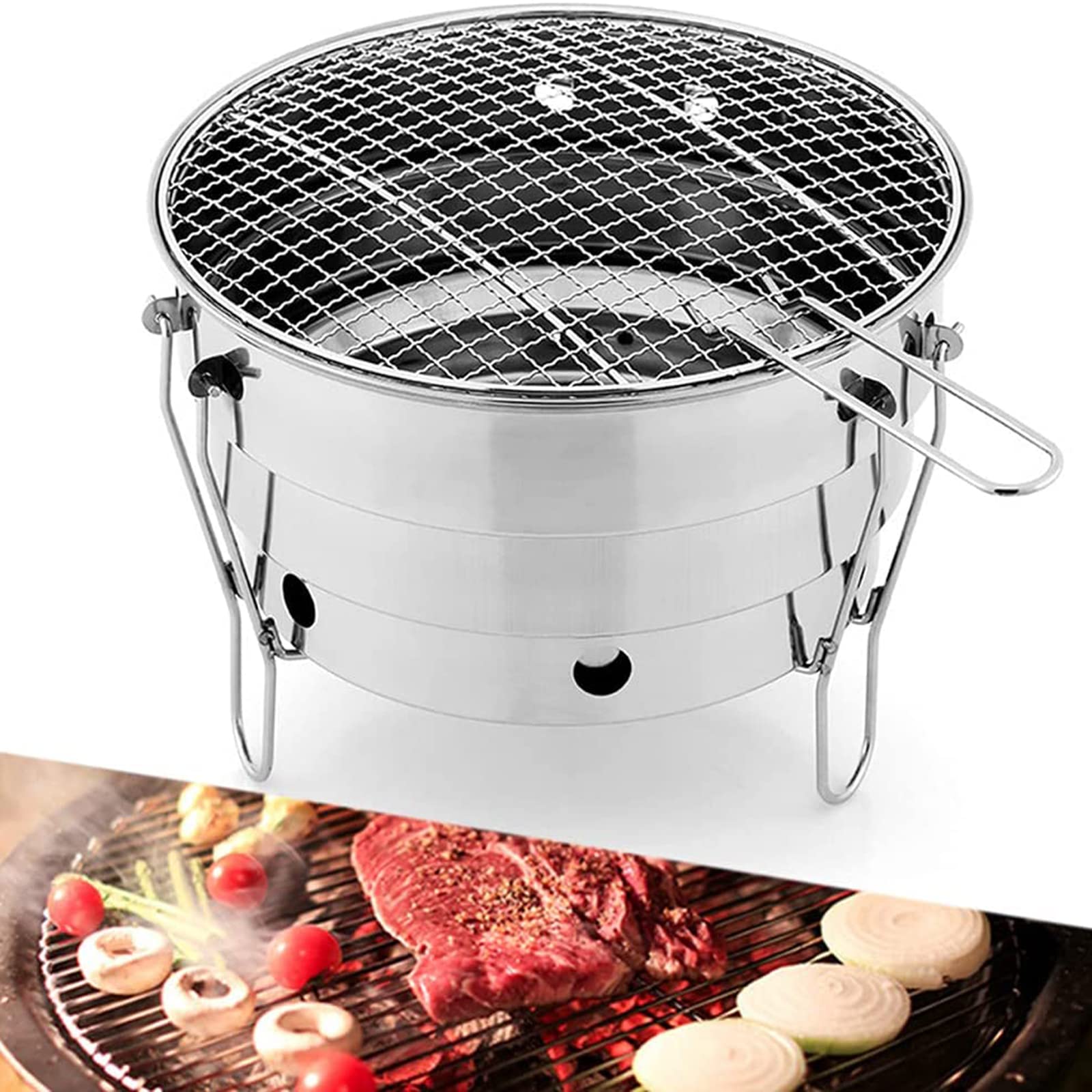 XGJJ Pro Portable Charcoal Grill BBQ Stove - Stainless Steel Round Folding Tabletop Grill for Outdoor Camping, Picnic, Backyard & Travel | Perfect for Tailgating, Beach Parties & Backyard BBQs