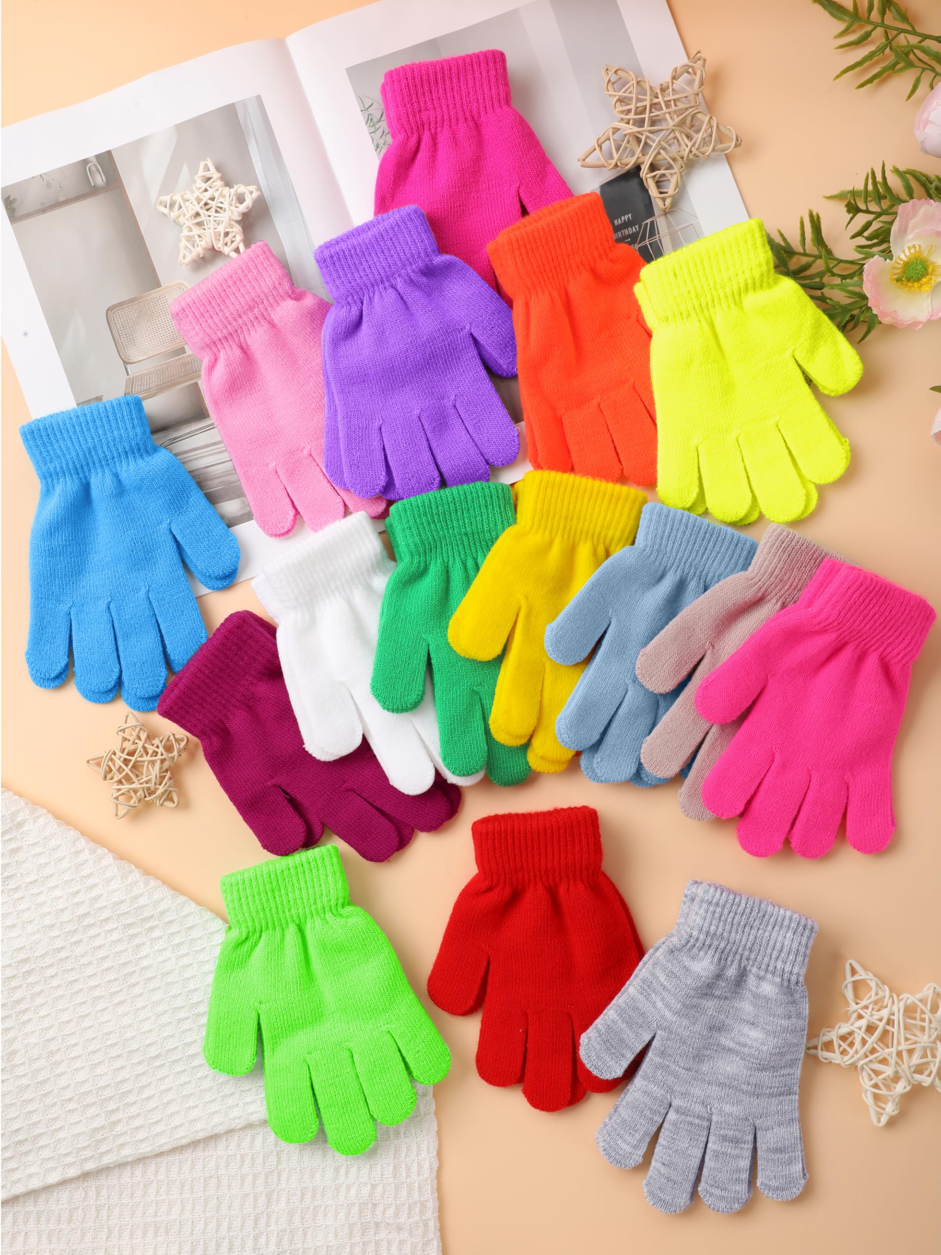 Glooarm 16 Pairs Kids Winter Gloves - Warm Knit Magic Gloves for Boys & Girls - Bulk Children's Winter Gloves for Outdoor Play, Snow Activities & Cold Weather Protection