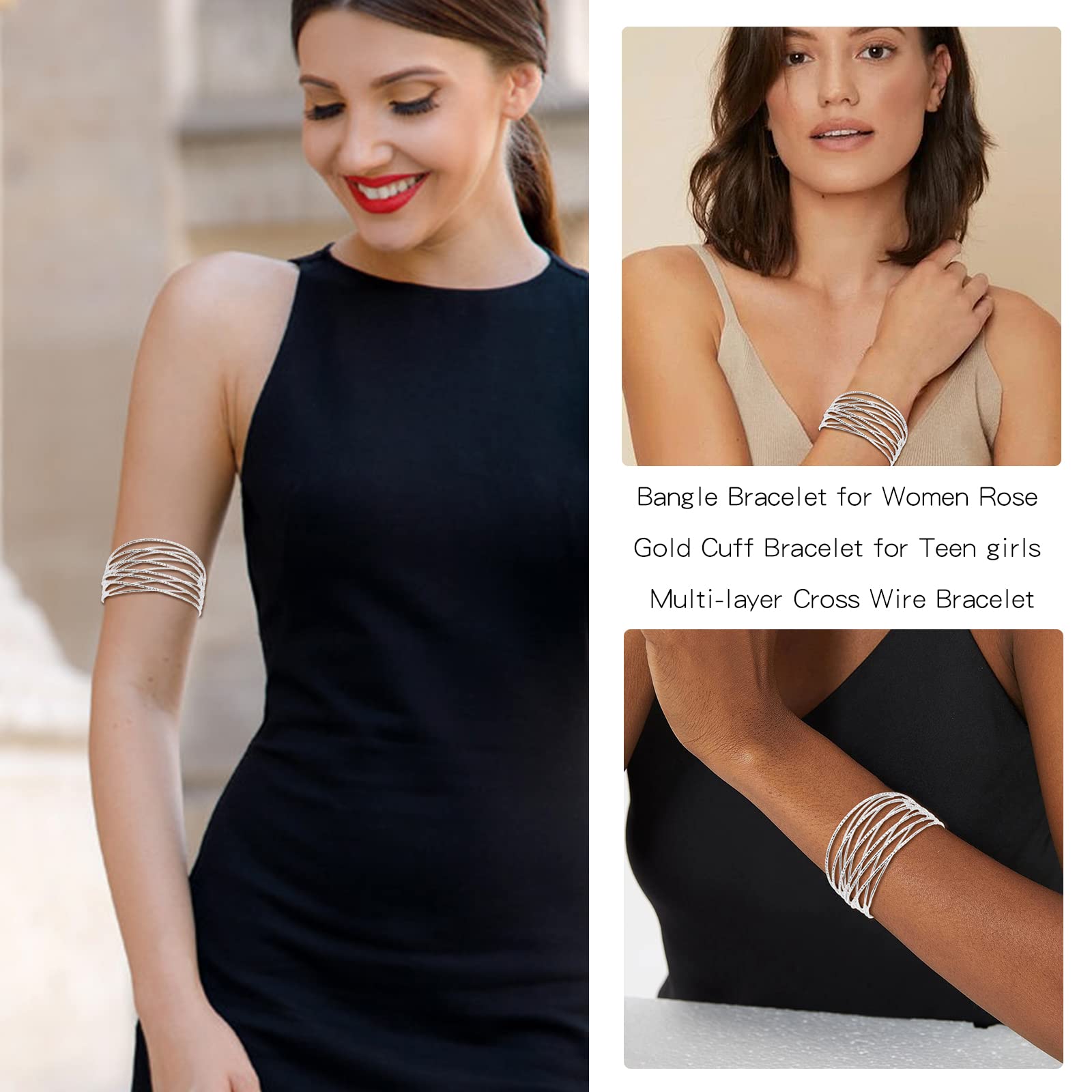 Rose Gold Open Bangle Bracelet for Women - Multi-Layer Cross Wire Cuff Bracelet Jewelry Gift for Best Friend, Birthday, Anniversary | Elegant Everyday Wear & Special Occasion Accessory