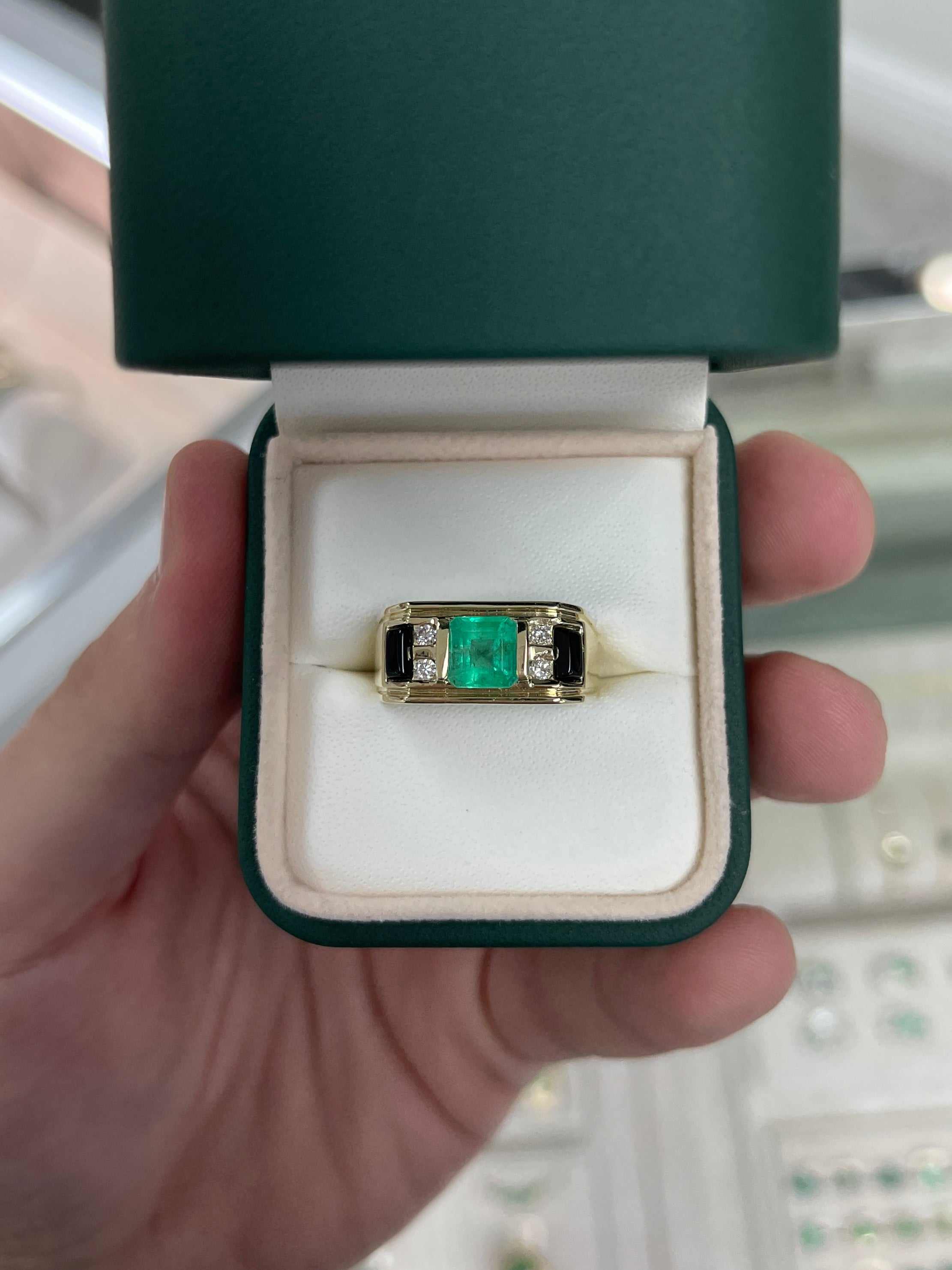 3.07 TCW Natural Colombian Emerald & Black Onyx Diamond Ring for Men in 14K Gold - Perfect for Weddings, Anniversaries & Special Occasions