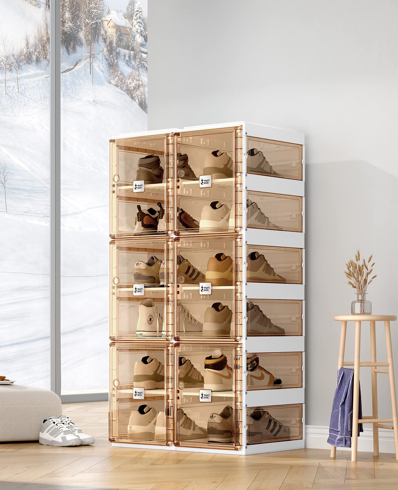Foldable Shoe Rack Organizer - 6-Tier Stackable Plastic Shoe Storage Cabinet with Magnetic Clear Doors, Holds 12 Pairs - Perfect for Entryway, Closet, Living Room & Bedroom Organization - Space-Saving Solution for Sneakers, Boots & Heels