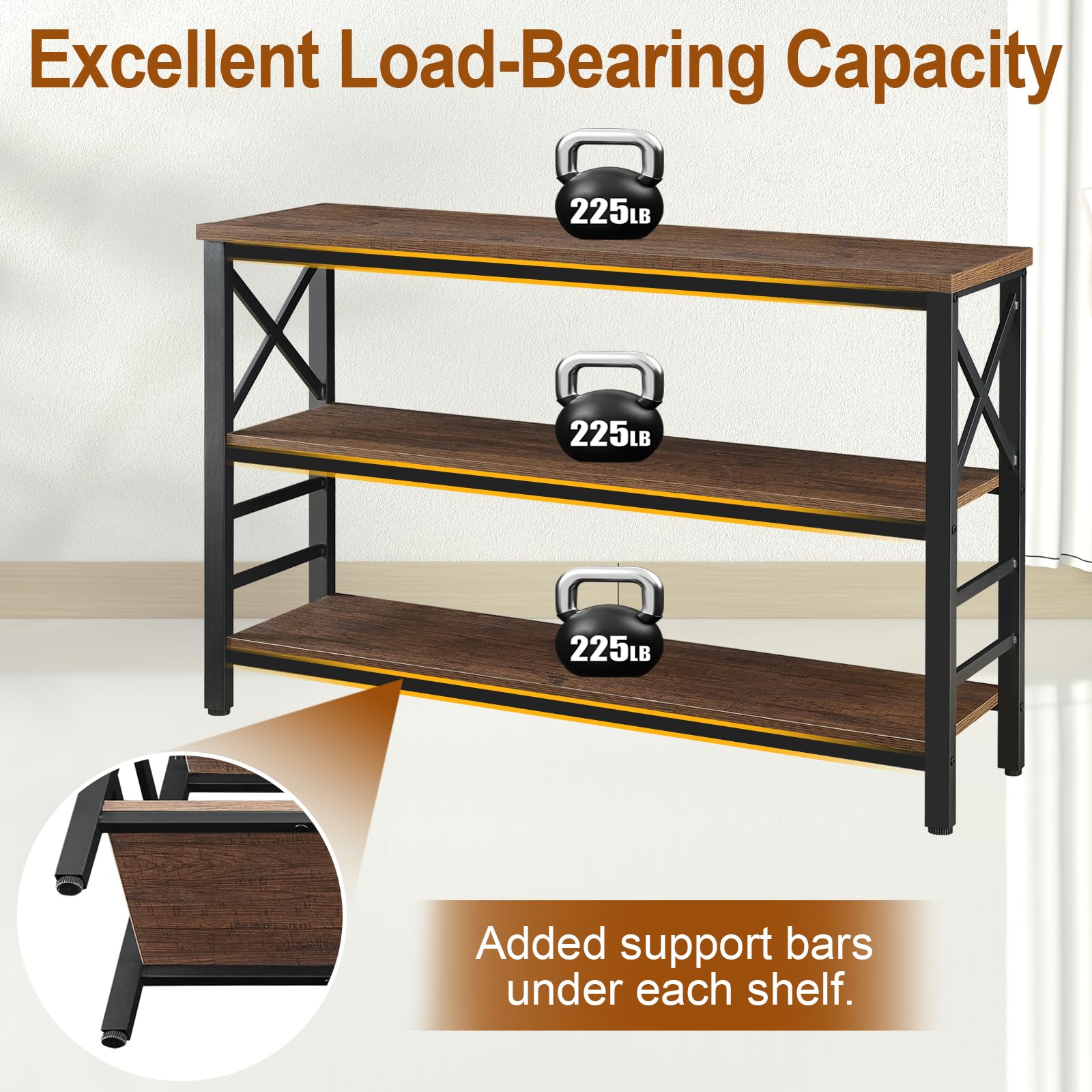 Industrial Rustic Sofa Table with Storage - 3-Tier Engineered Wood & Metal Console Table for Entryway, Living Room, Hallway - 47 Inch Brown Shelf for Home Decor & Organization