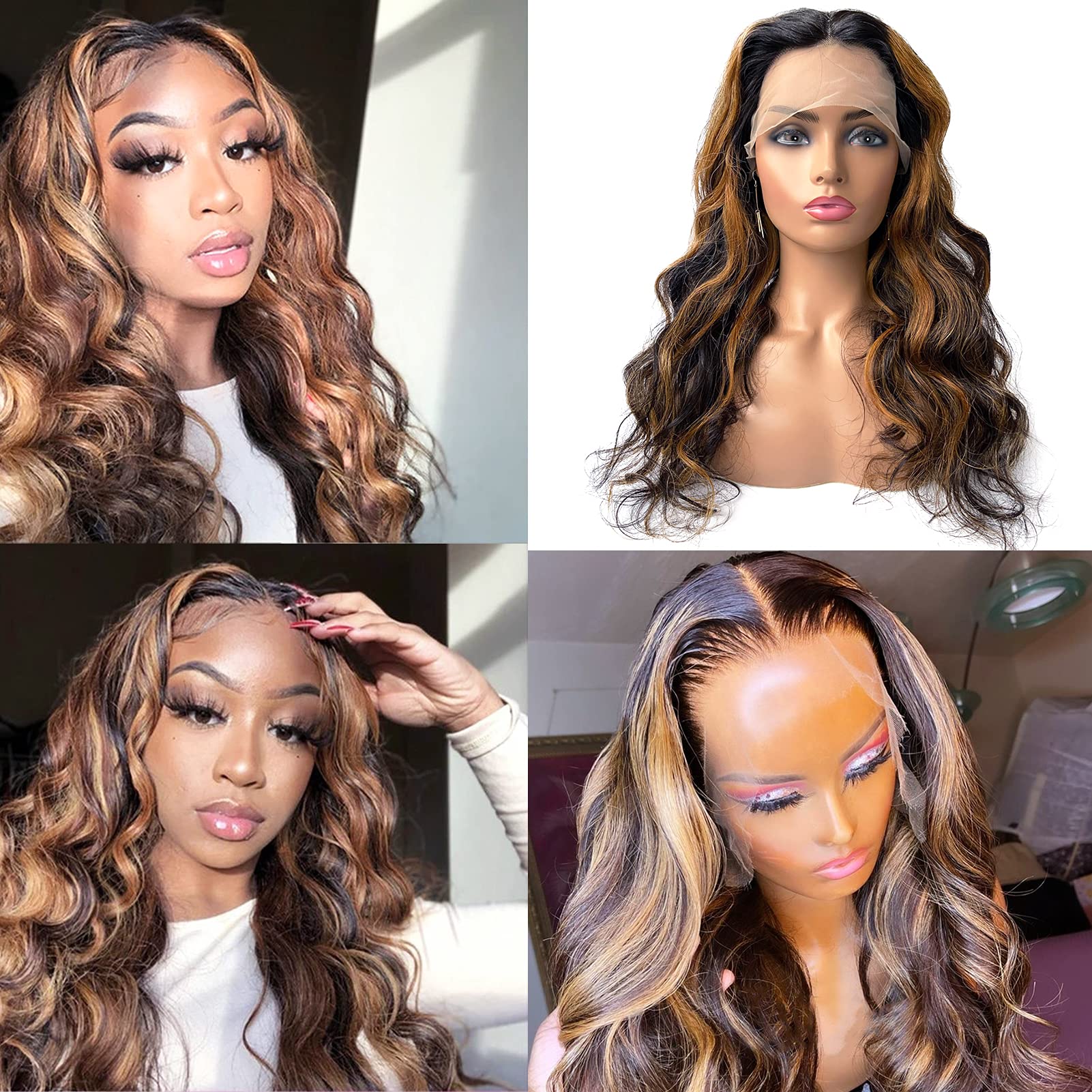 13x6x1 Lace Front Human Hair Wigs for Black Women - 9A Brazilian Balayage Honey Blonde Ombre Brown Body Wave Wig with Pre-Plucked Hairline & 150% Density (20 Inch) - Perfect for Daily Wear, Parties & Special Occasions