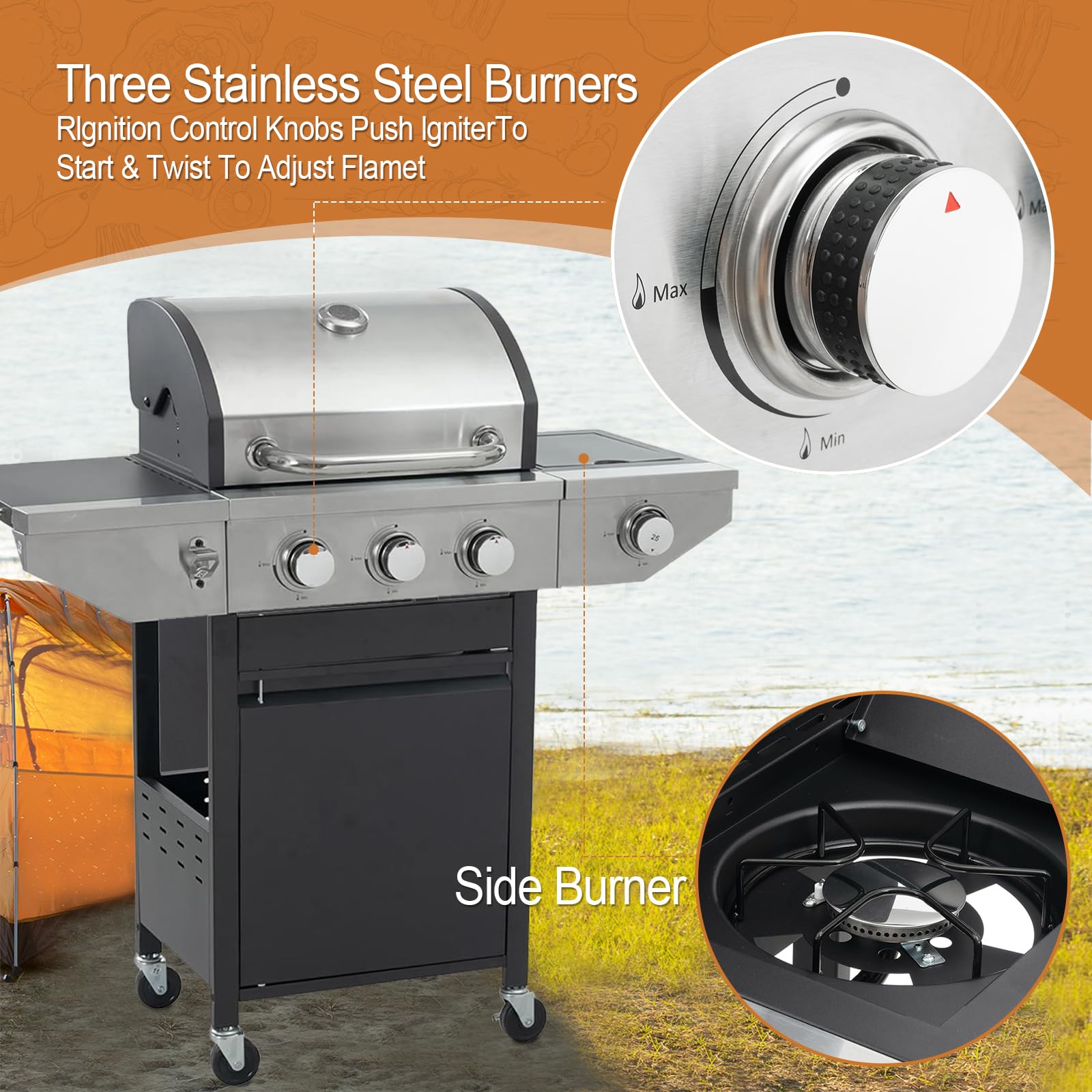 3-Burner Stainless Steel Propane Gas Grill - 37,150 BTU Portable BBQ Grill with Wheels for Backyard, Patio & Camping | Outdoor Cooking, Tailgating & Picnics