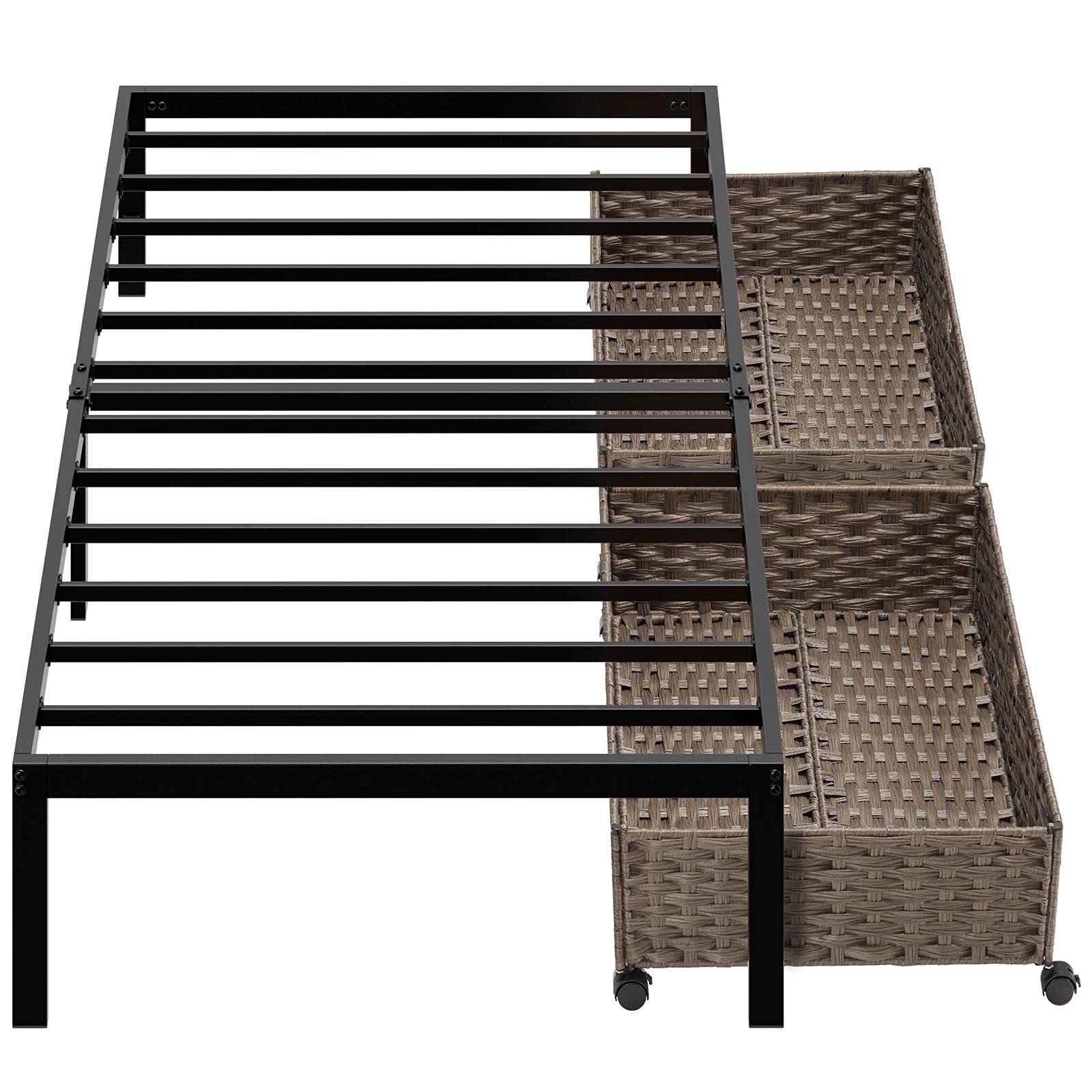 Rolanstar 14 Inch Twin Metal Platform Bed Frame with 2 Rattan Storage Baskets - Heavy Duty Steel Slat Support, 350LBS Weight Capacity, No Box Spring Needed, Noise Free, Black - Perfect for Small Bedrooms, Guest Rooms & Kids Rooms with Underbed Storage Space