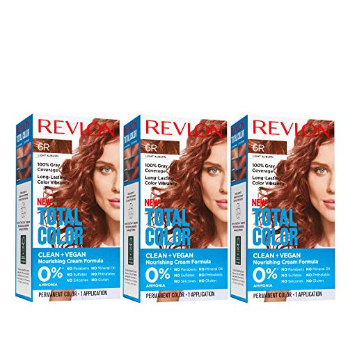 REVLON Total Color Permanent Hair Dye - 6R Light Auburn (Pack of 3) | 100% Gray Coverage, Clean & Vegan Formula | 10.2 oz for Long-Lasting Color | Perfect for At-Home Hair Coloring & Salon-Quality Results
